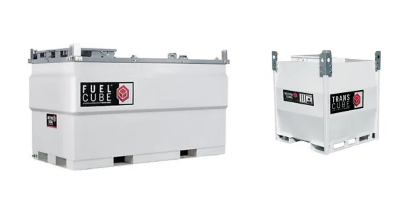 White rectangular fuel storage tanks with "Fuel Cube" branding, designed for secure and portable fuel containment.