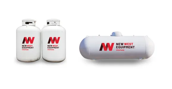 Two vertical white propane tanks and one horizontal white propane tank, all branded with the New West Equipment logo.
