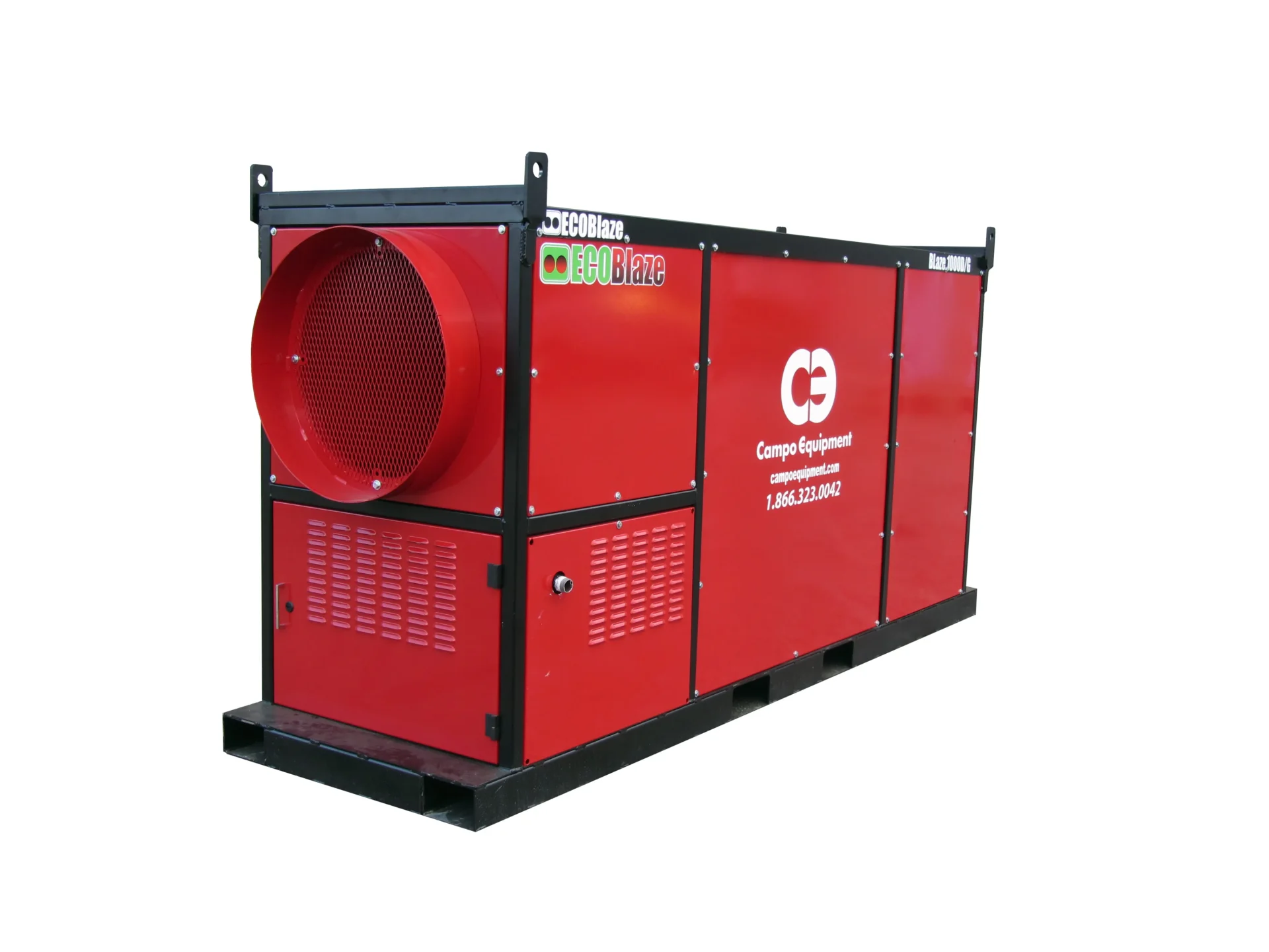 Industrial red generator with protective metal frame and ventilation grills, designed for heavy-duty power supply.
