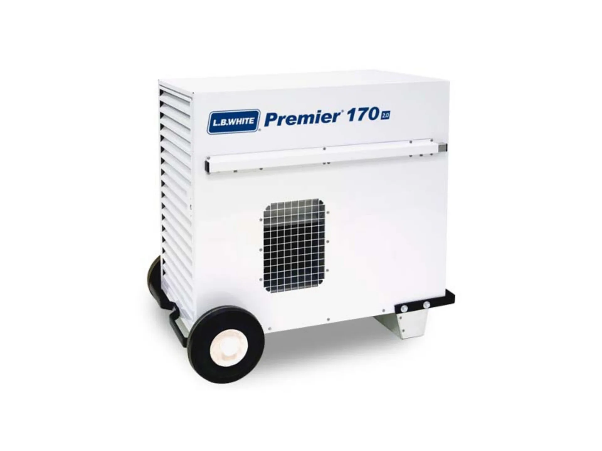 Portable white industrial air mover labeled "Premier 170e" with vents and wheels for mobility.