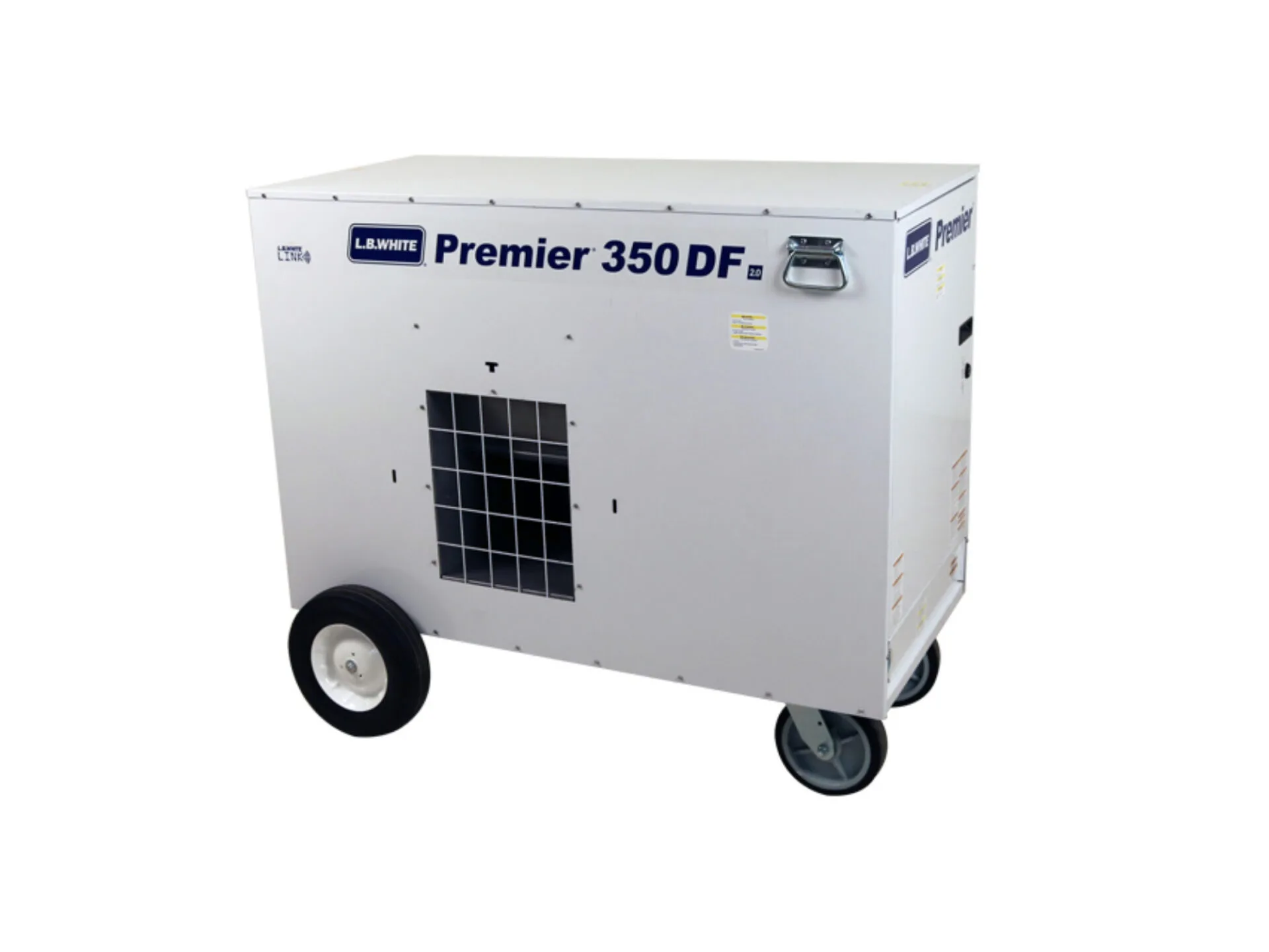 Portable white Premier 350 DF industrial generator with ventilation grid and two wheels for mobility.