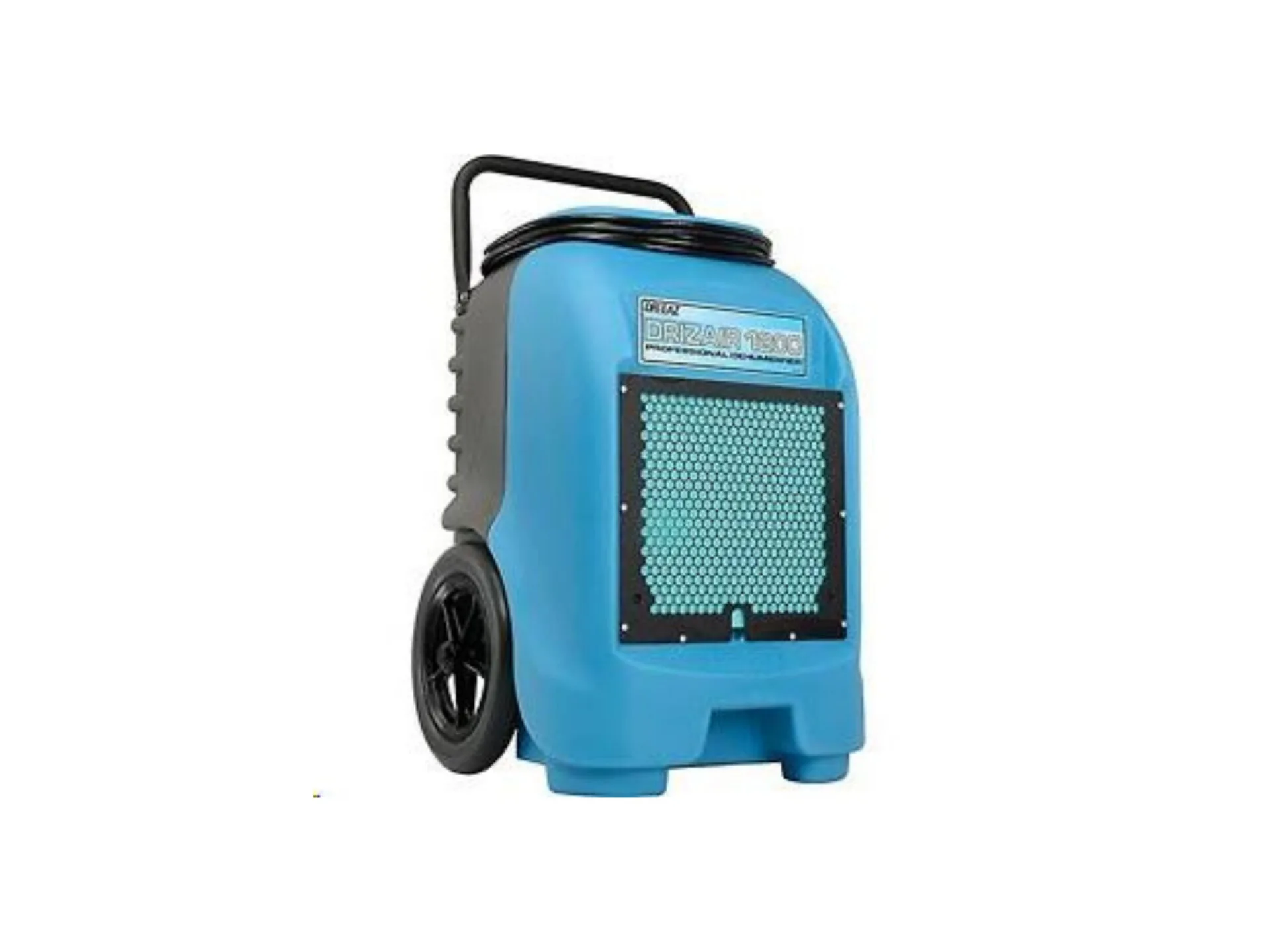 Portable blue commercial dehumidifier with large wheels and a handle for easy transport.