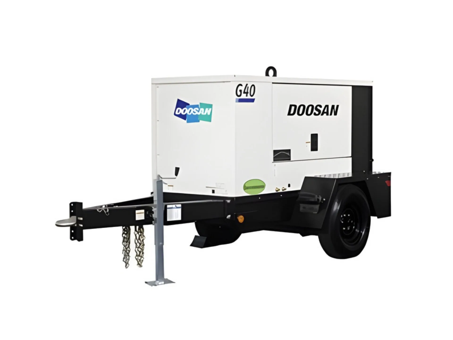 Portable Doosan G40 generator on a single-axle trailer with stabilizing jacks, designed for mobile power supply.
