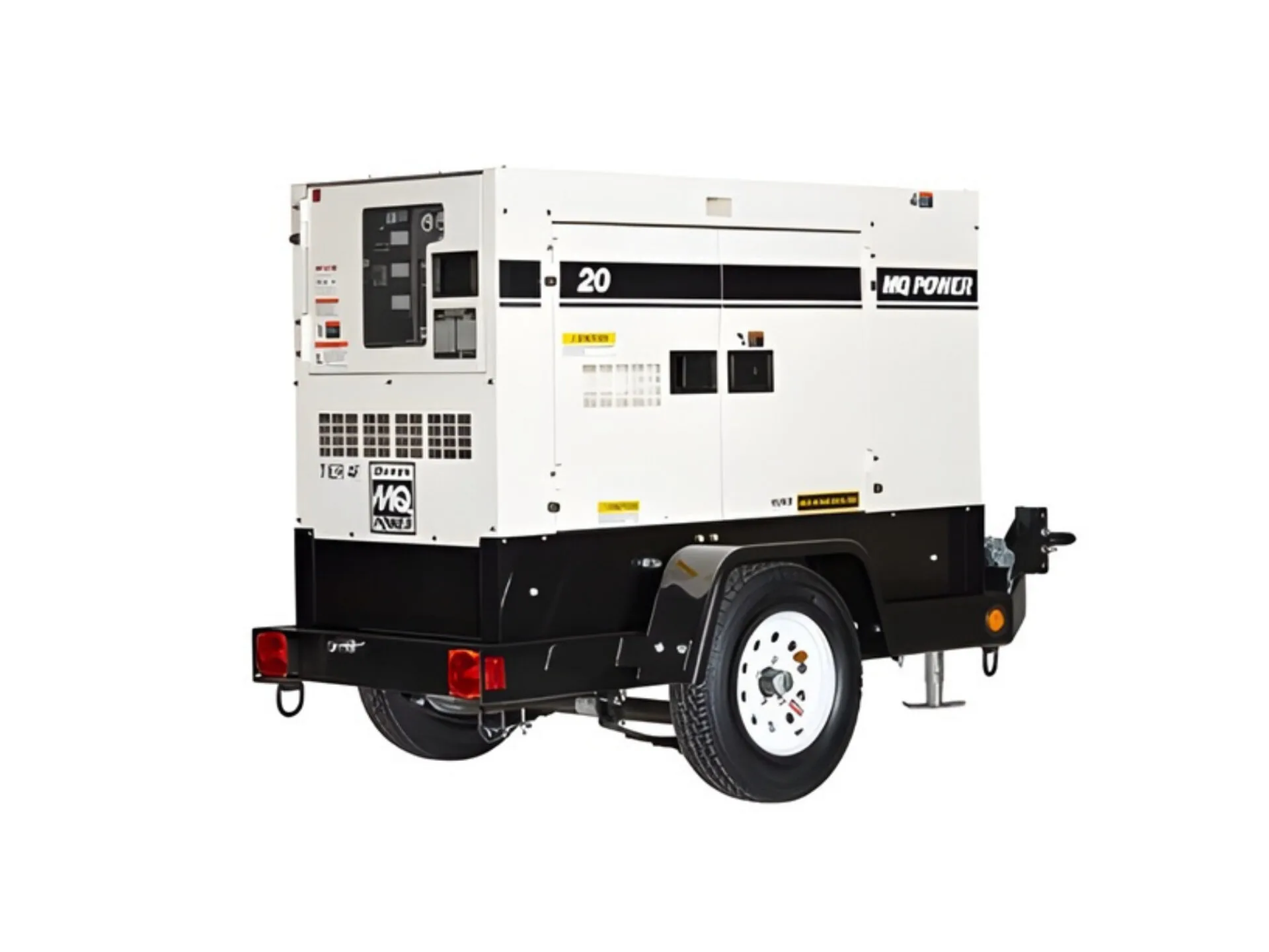 Portable white industrial generator with single axle trailer and control panel, designed for mobile power supply.
