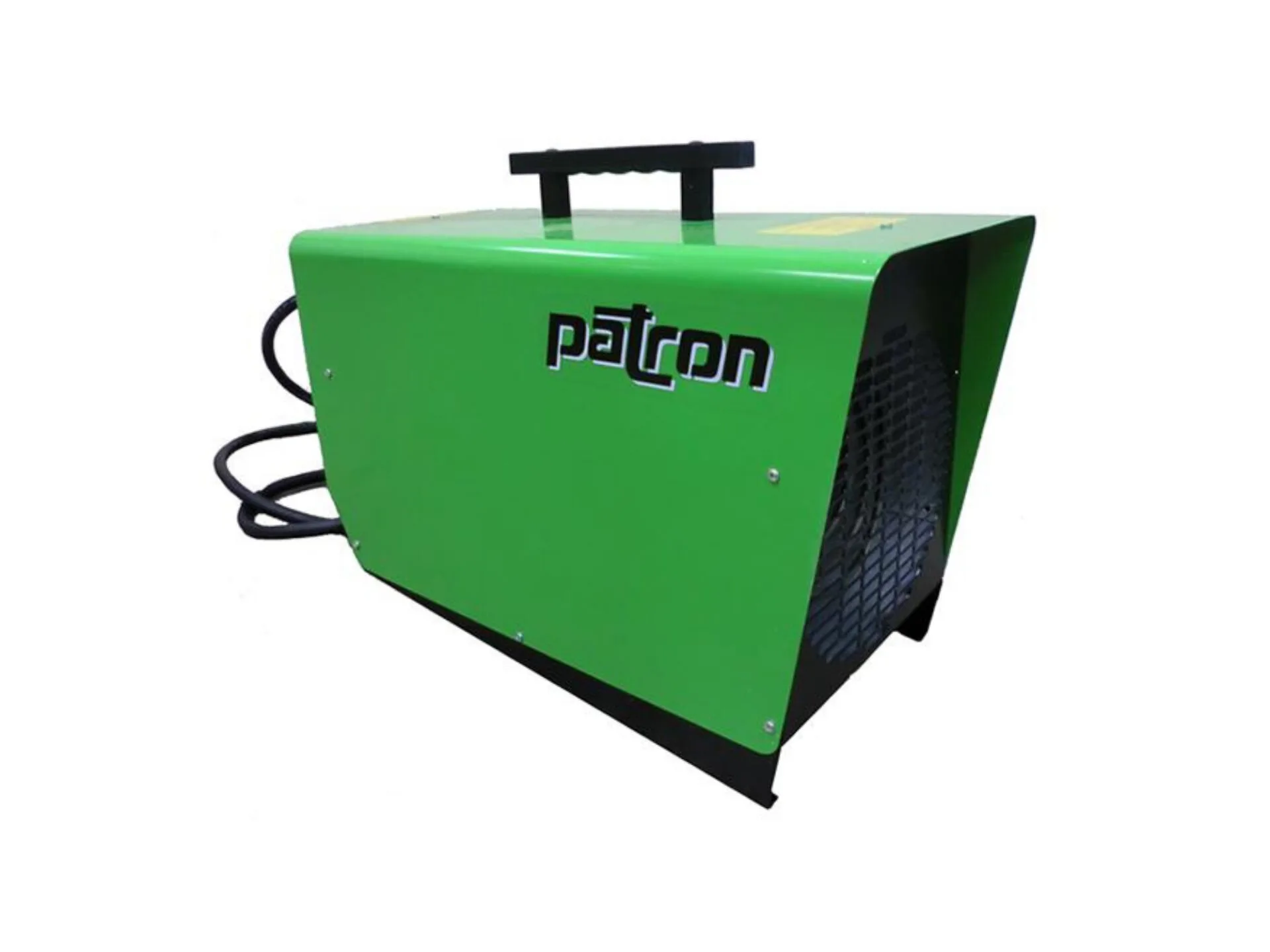 Green Patron-branded industrial air blower with a black handle and power cord attached.