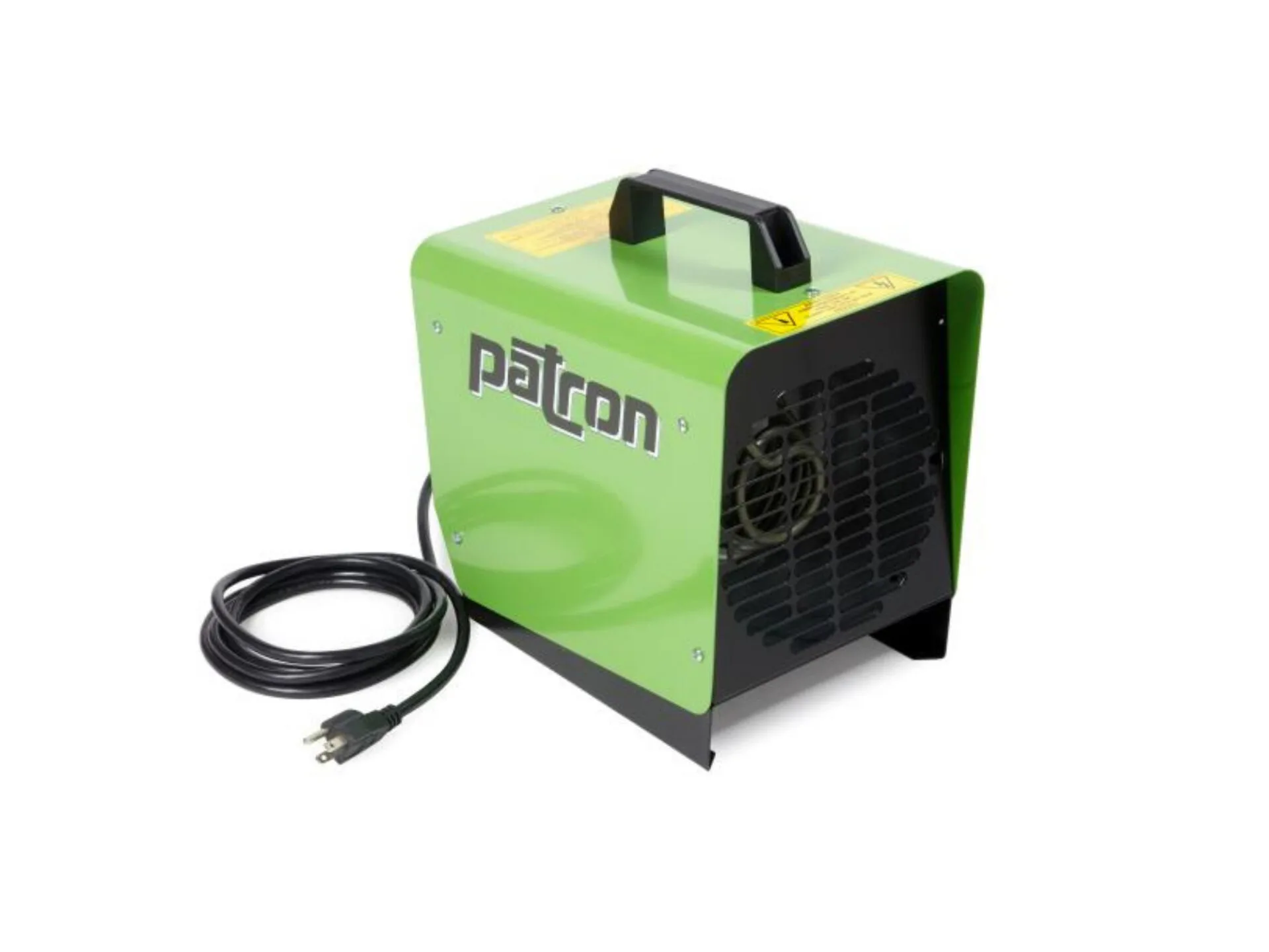 Portable green electric space heater with handle and attached power cord.