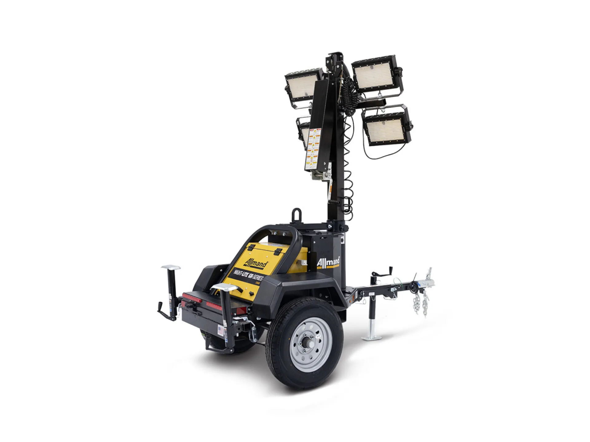 Portable trailer-mounted light tower with multiple LED floodlights extended on a telescoping mast for outdoor illumination.