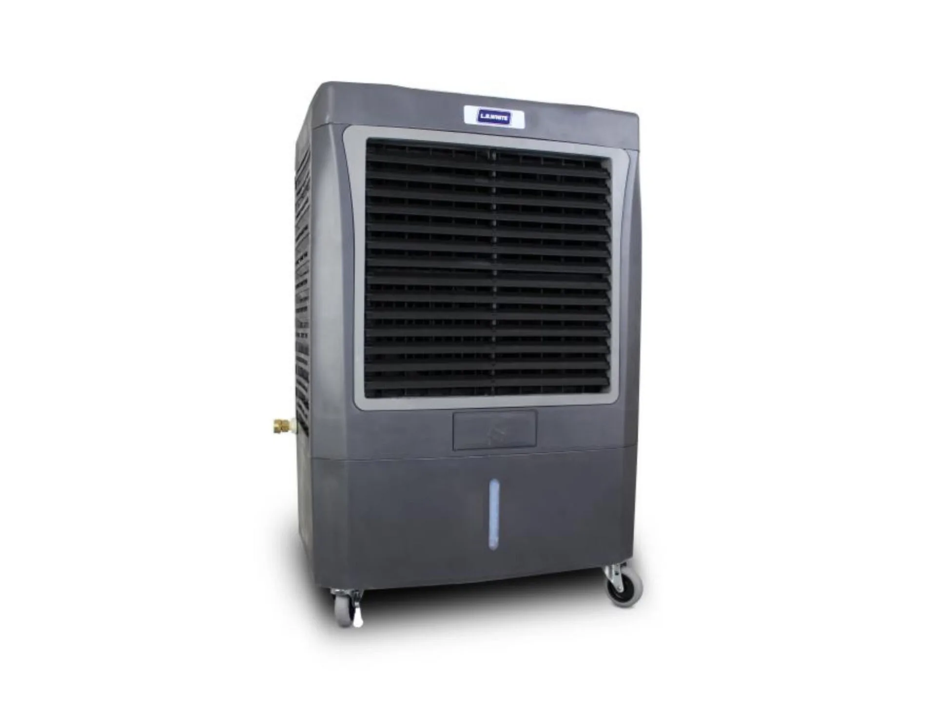 Portable industrial air cooler with vents and caster wheels for easy mobility.