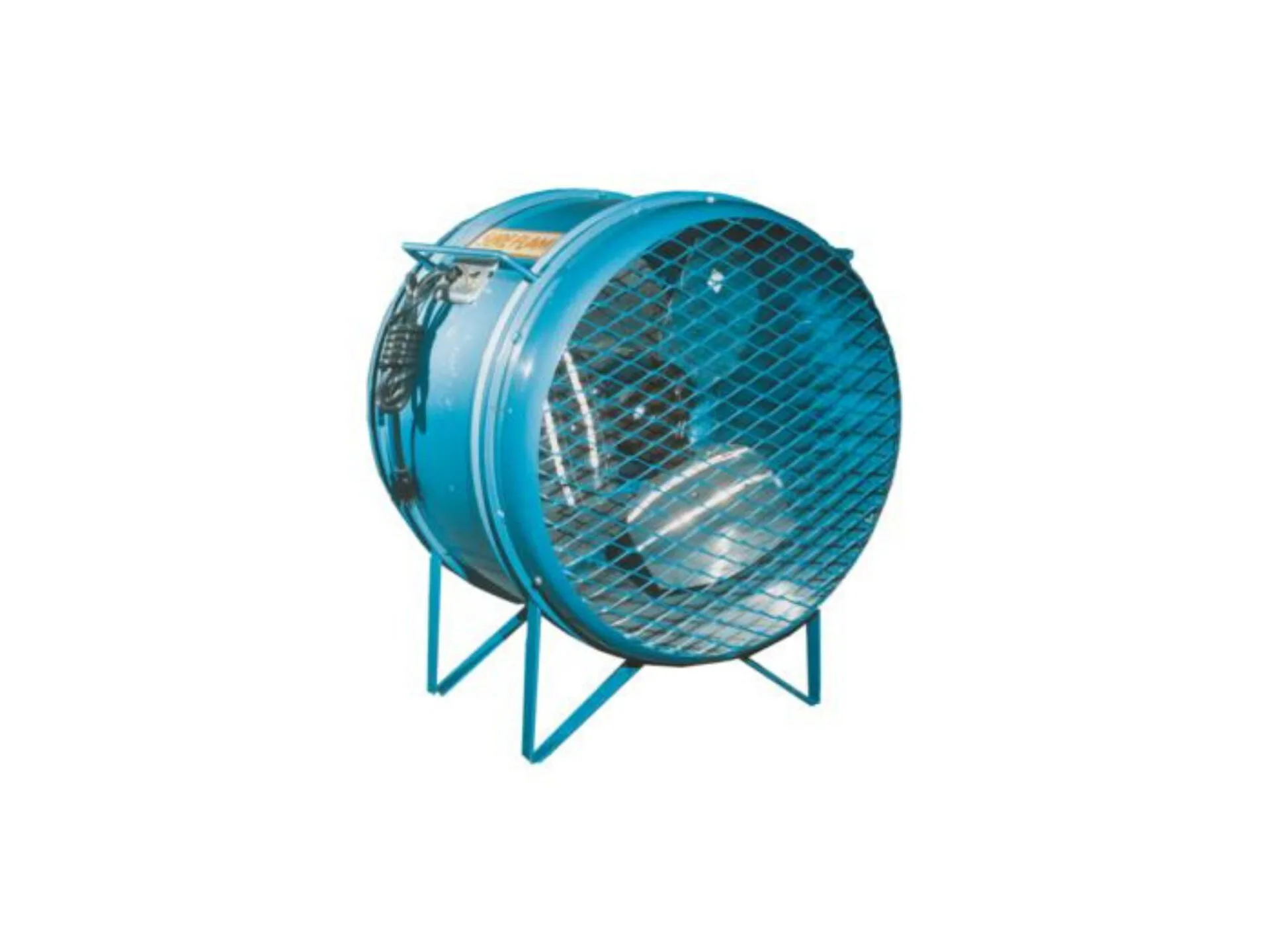 Blue industrial floor fan with protective metal grille and angled stand.