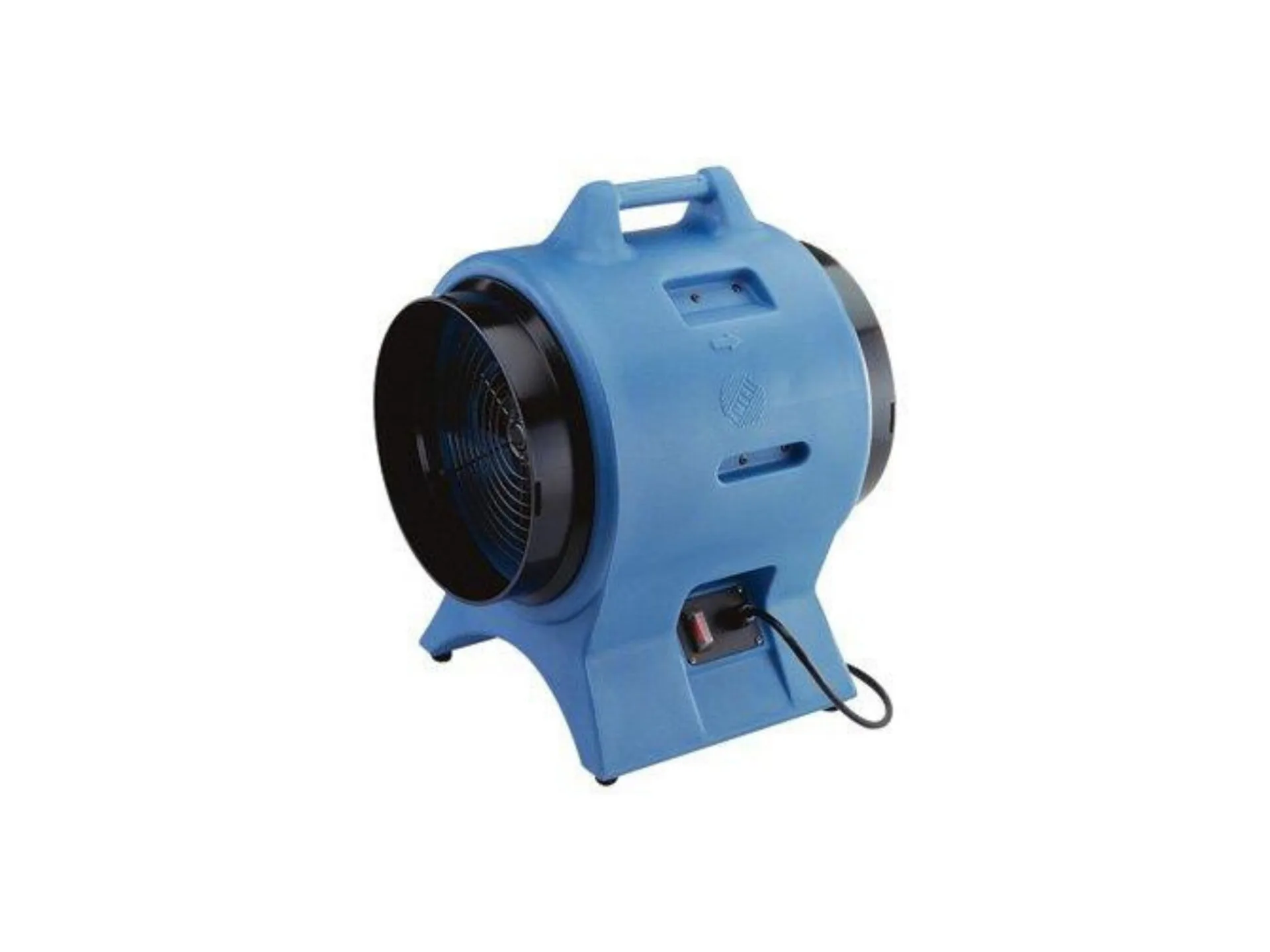 Blue industrial air mover fan with a sturdy handle and power cord coiled at the base.