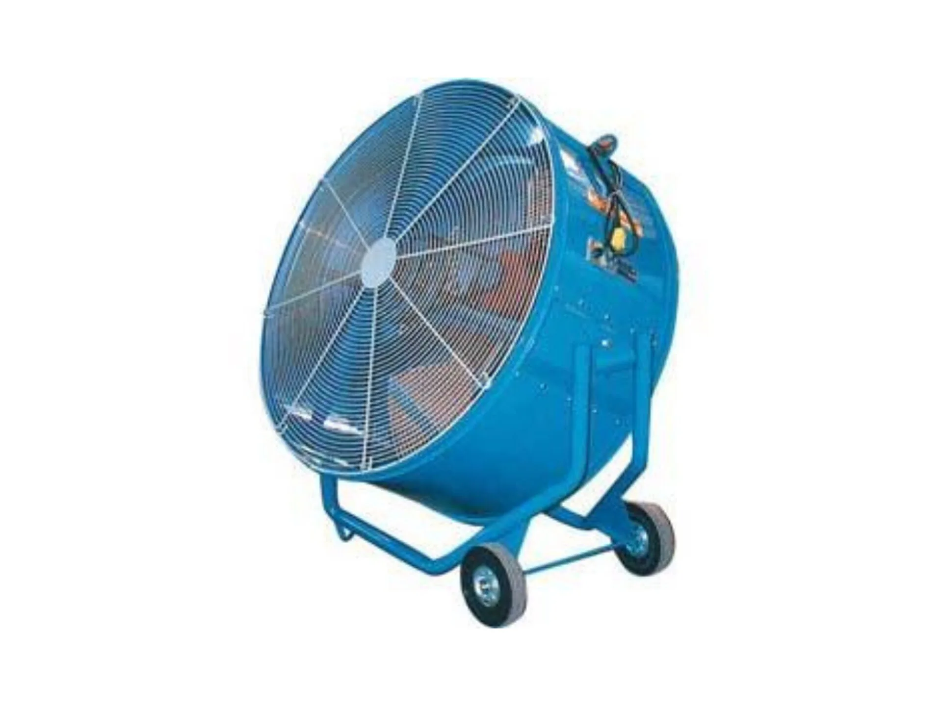 Large blue industrial floor fan with protective metal grille and wheeled base for mobility.
