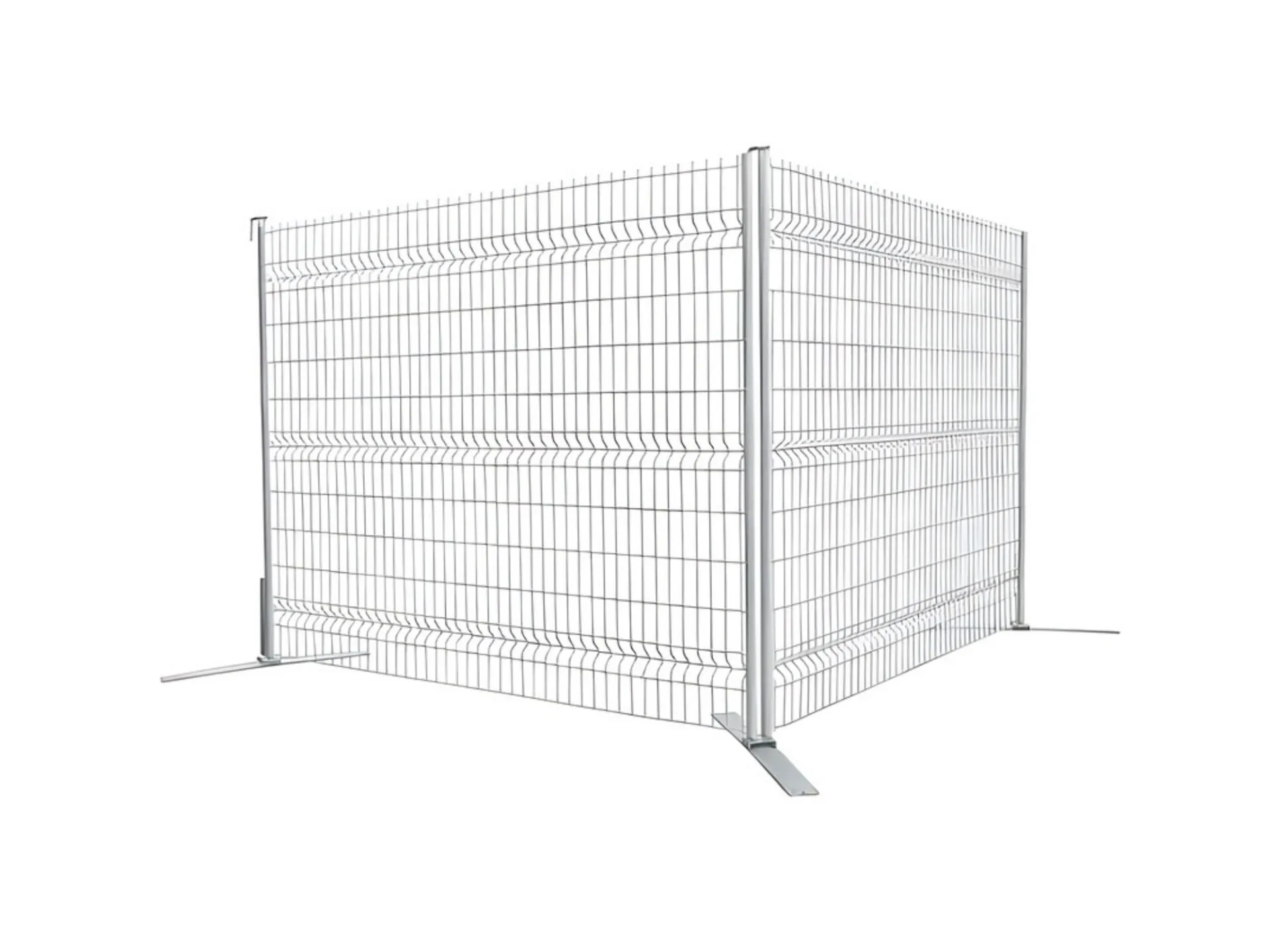 Wire mesh security fencing panel with corner posts and stable metal feet on a white background.