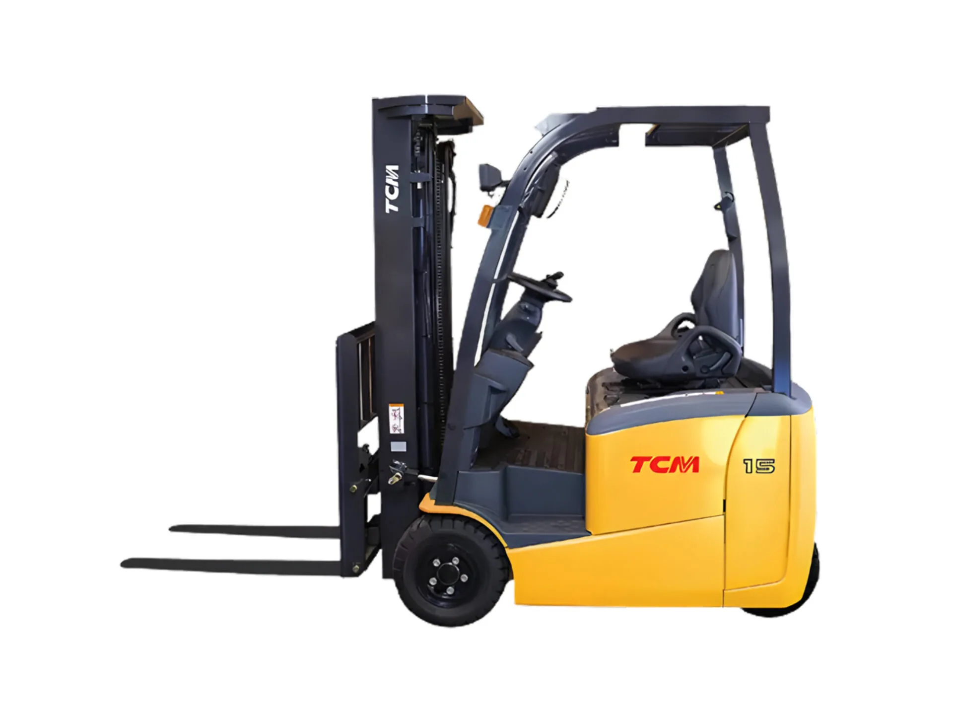 Yellow and black TCM forklift truck isolated on a white background, showing side view with extended forks.