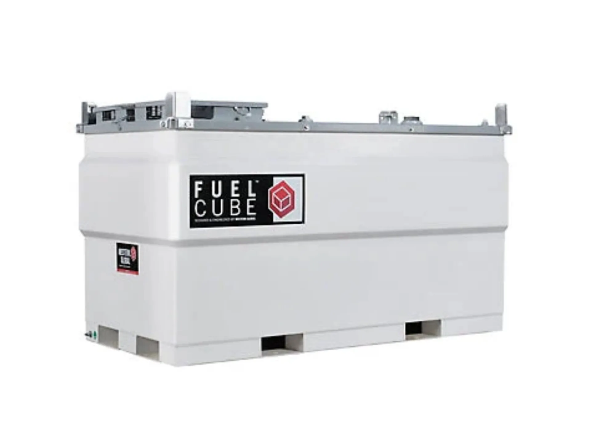 White rectangular Fuel Cube fuel storage tank with a black and red label on the side.