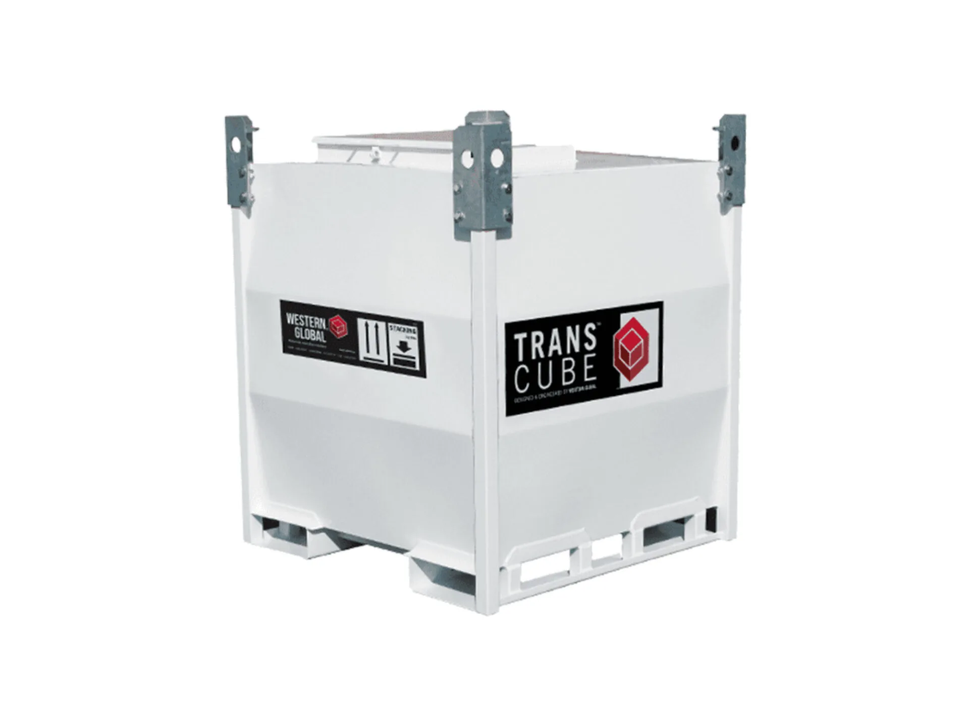 White Trans Cube intermediate bulk container with metal frame and labeled sides for industrial liquid storage.