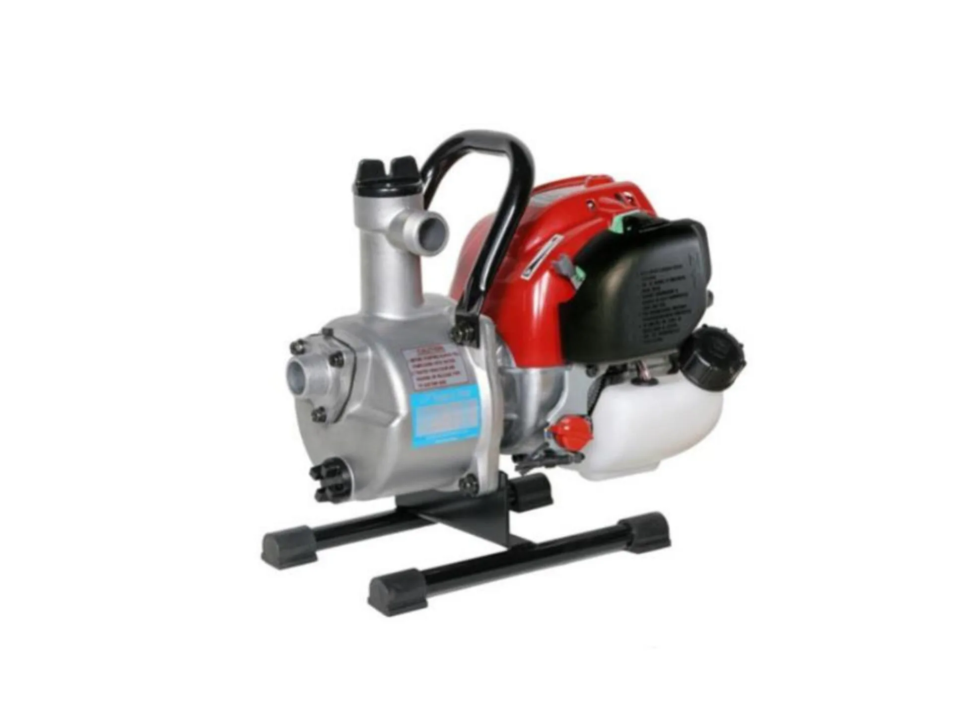 Compact red and silver portable water pump with a black handle and base, designed for efficient fluid transfer.