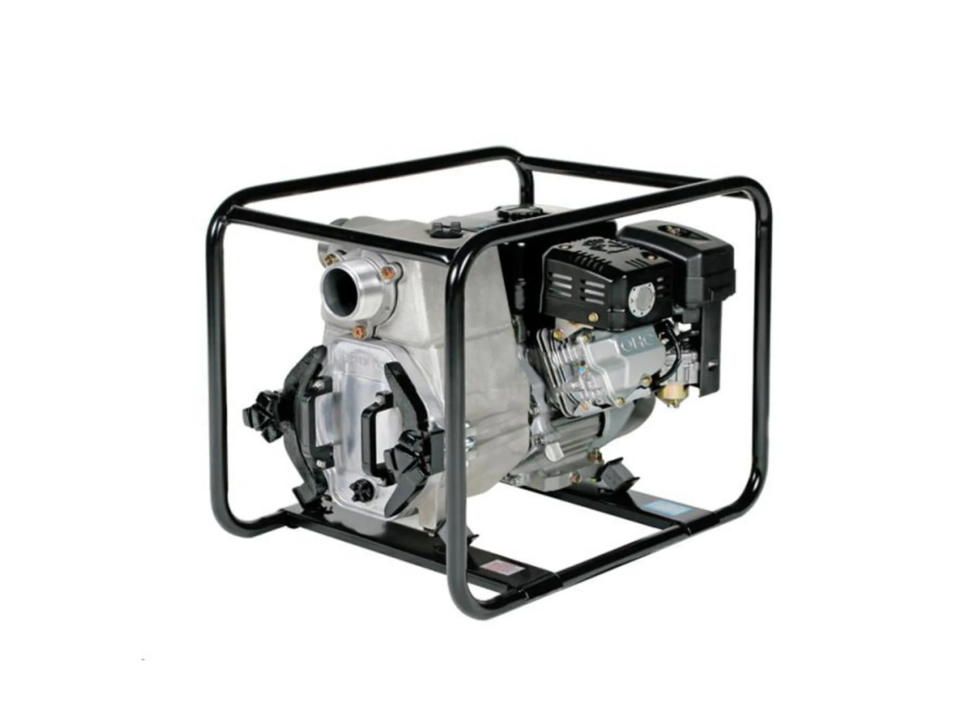 Portable water pump with a gasoline engine mounted inside a black metal frame, designed for efficient fluid transfer.