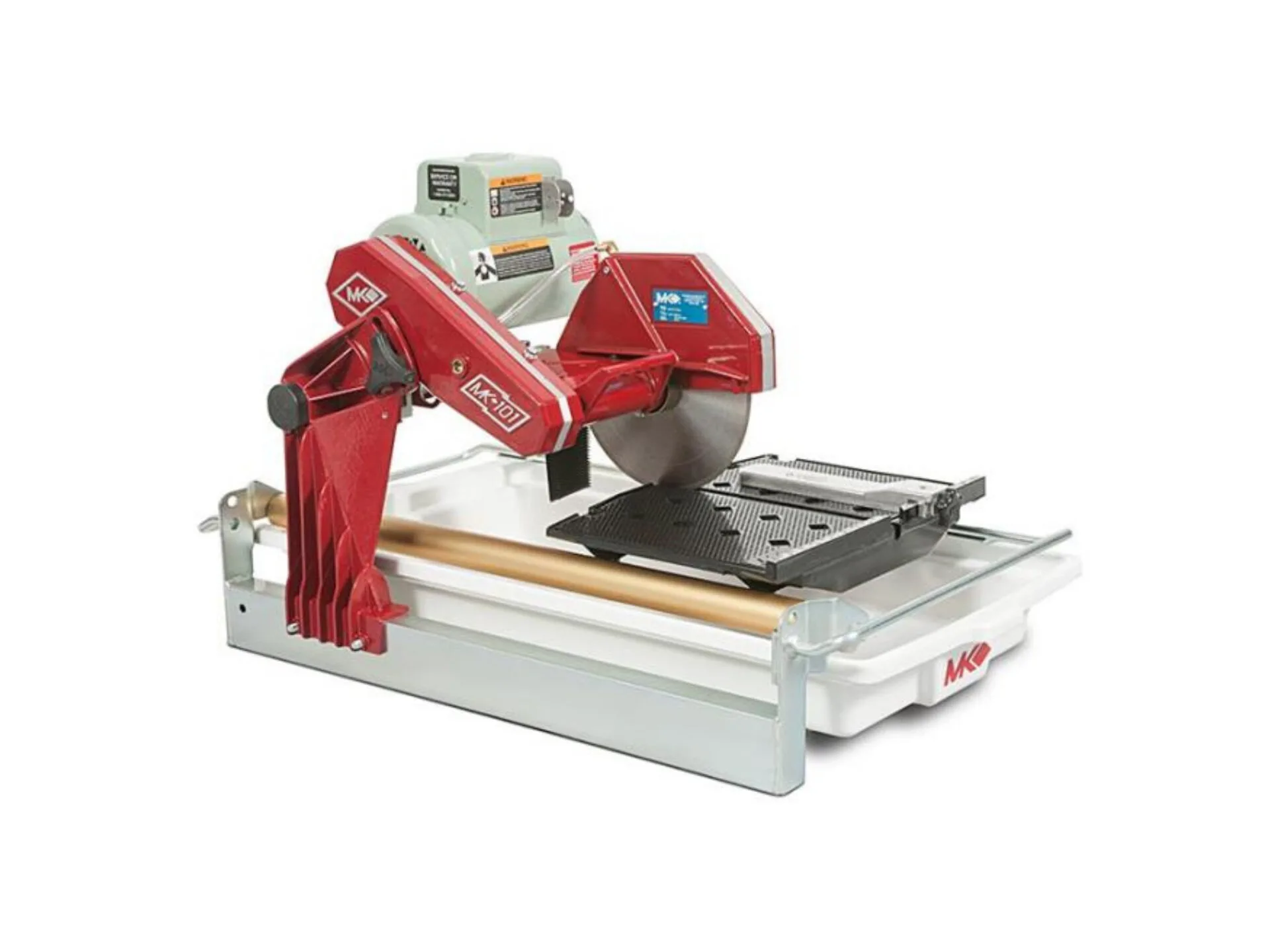 Industrial robotic arm operating a precision cutting machine on a metal workbench. The red robot is equipped with multiple joints for flexible automated manufacturing tasks.
