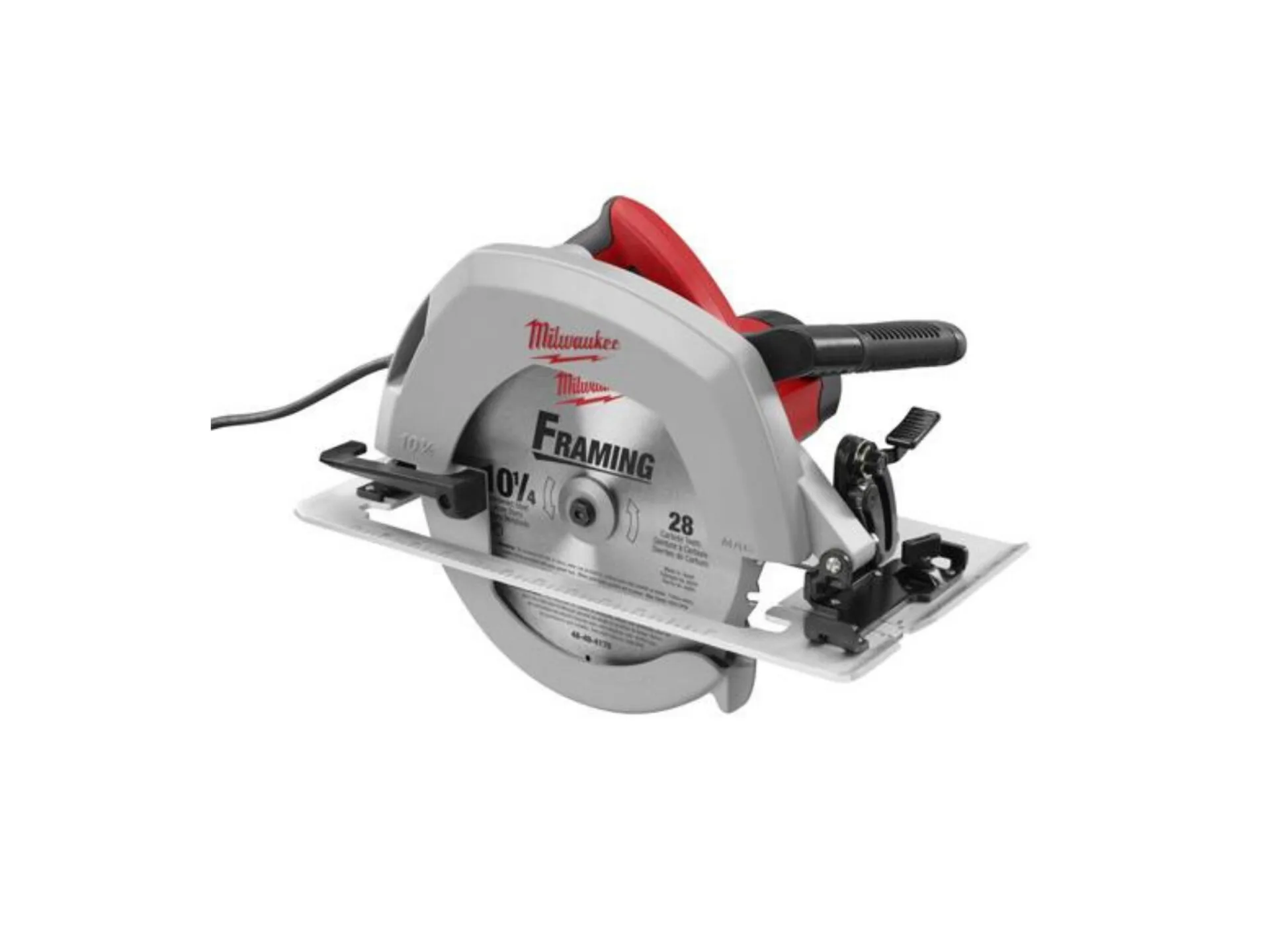 Electric circular saw with a red and gray body, designed for precise cutting of wood and other materials.