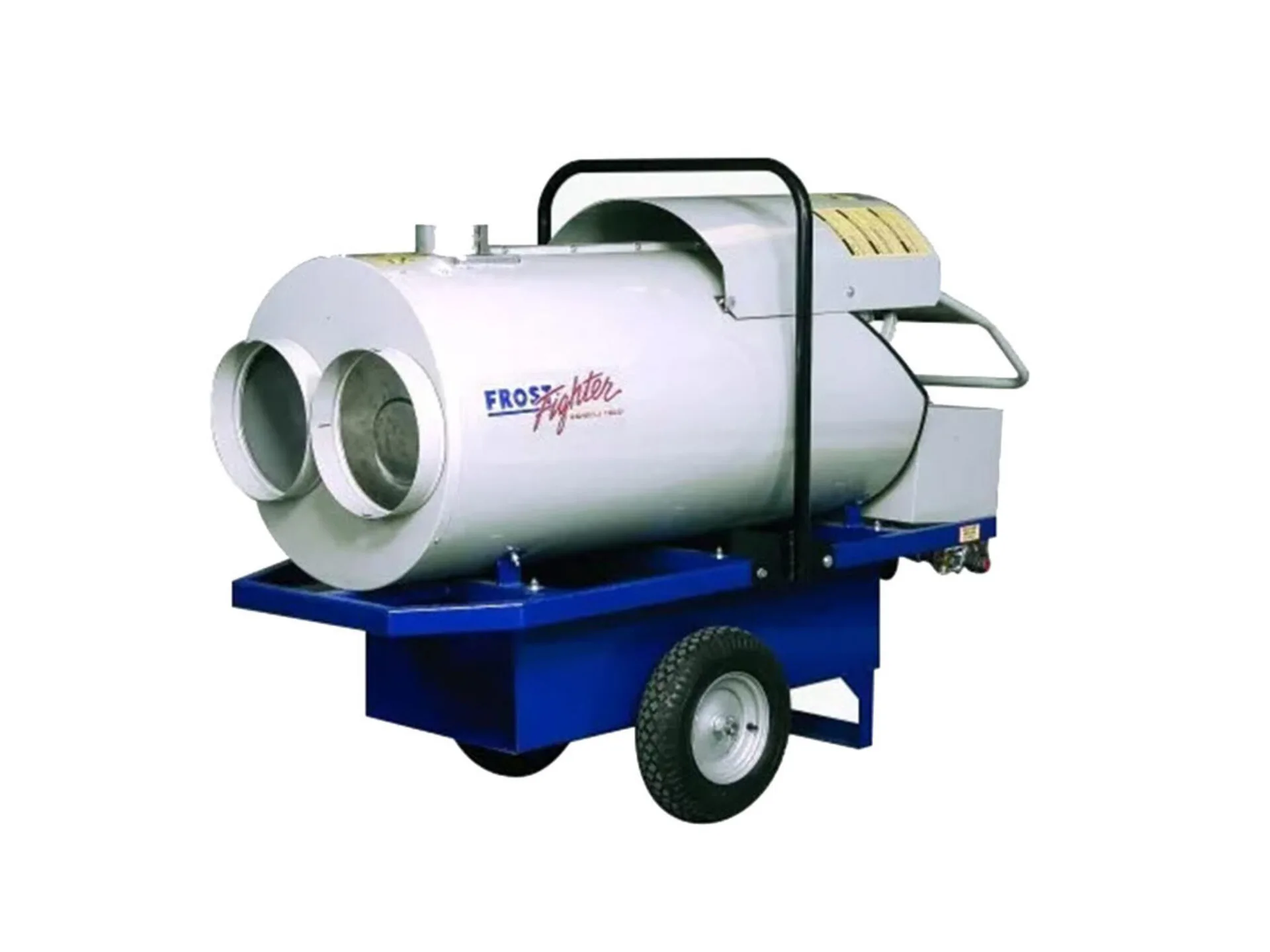 Industrial portable propane heater with dual exhaust outlets mounted on a wheeled base for easy mobility.