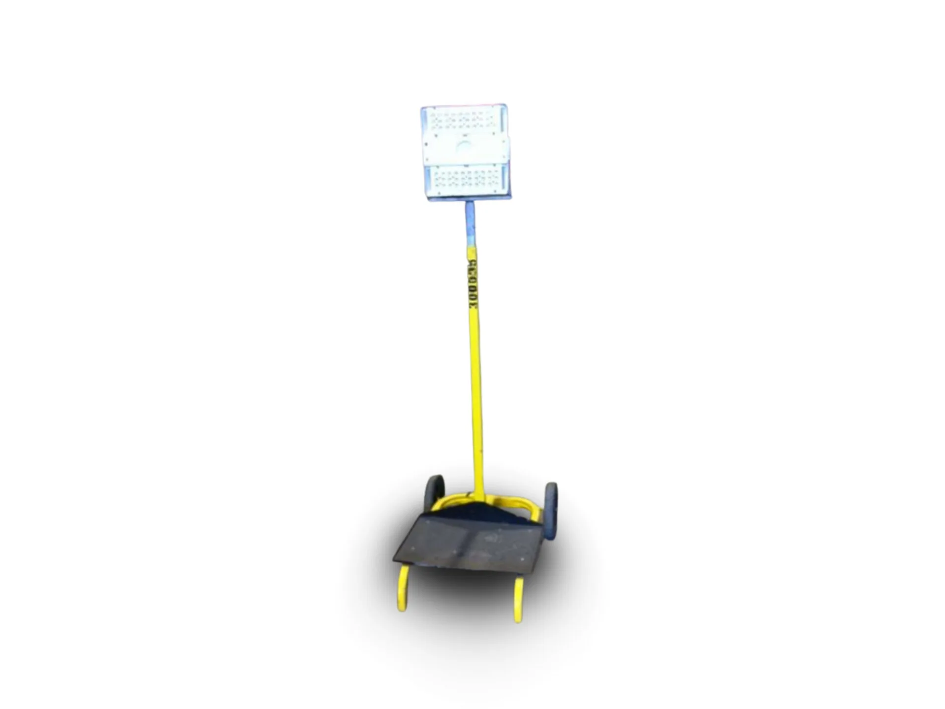 Yellow and black portable floodlight with a tall, adjustable pole and a rectangular LED light panel.