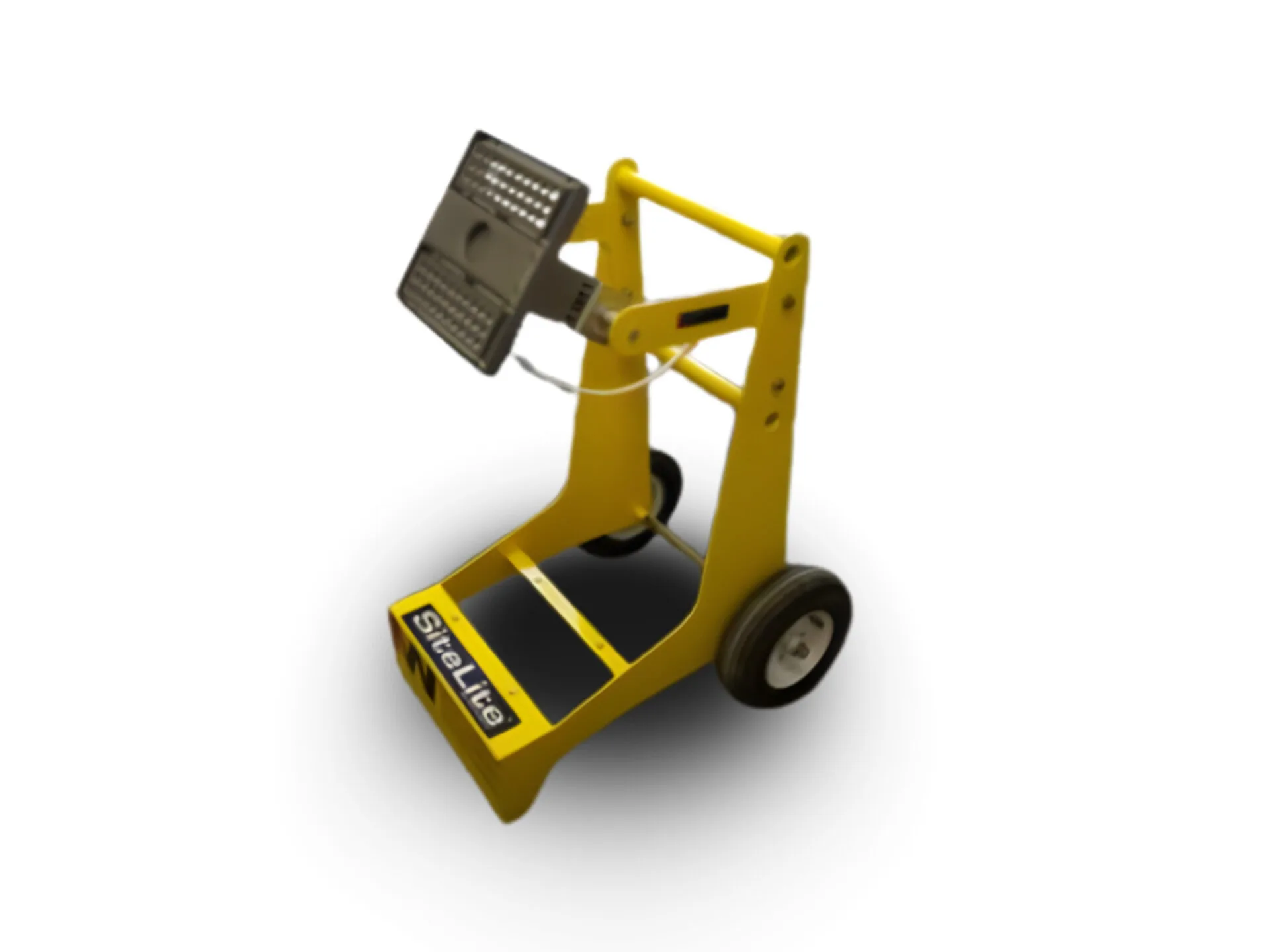 Yellow handheld concrete test hammer with a black handle and wheels on a white background.