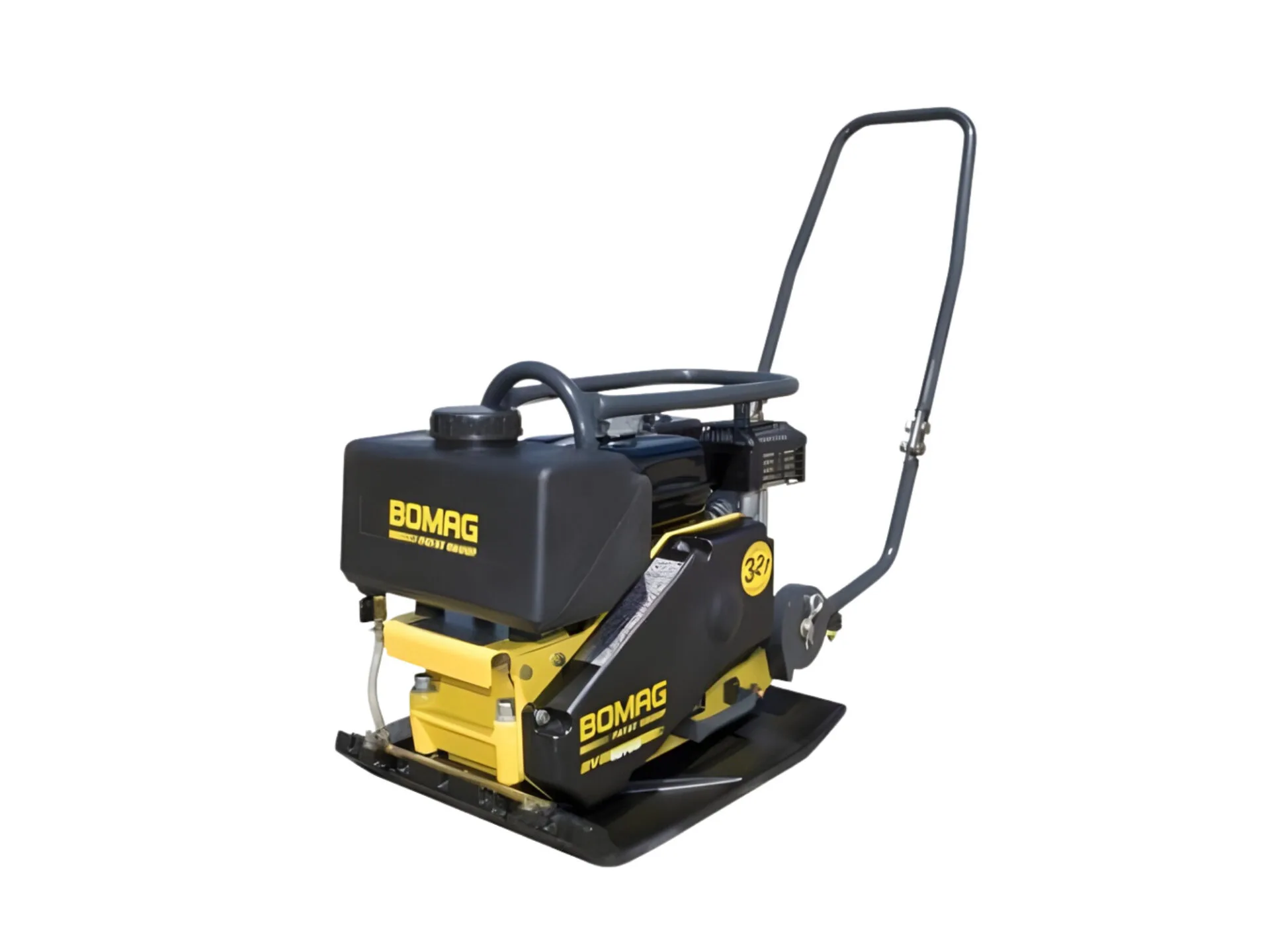Yellow and black BOMAG plate compactor with handle, used for soil and asphalt compaction.