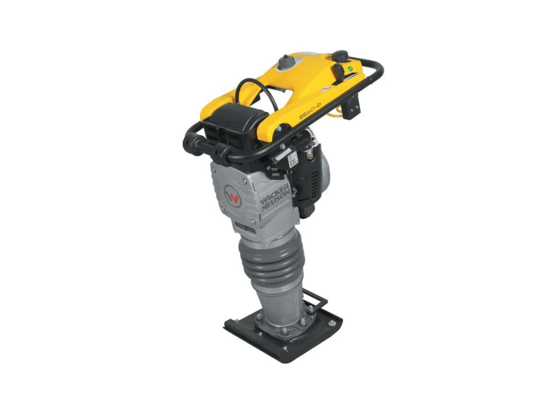 Yellow and black gasoline-powered jumping jack compactor with a sturdy base plate for soil and pavement compaction.