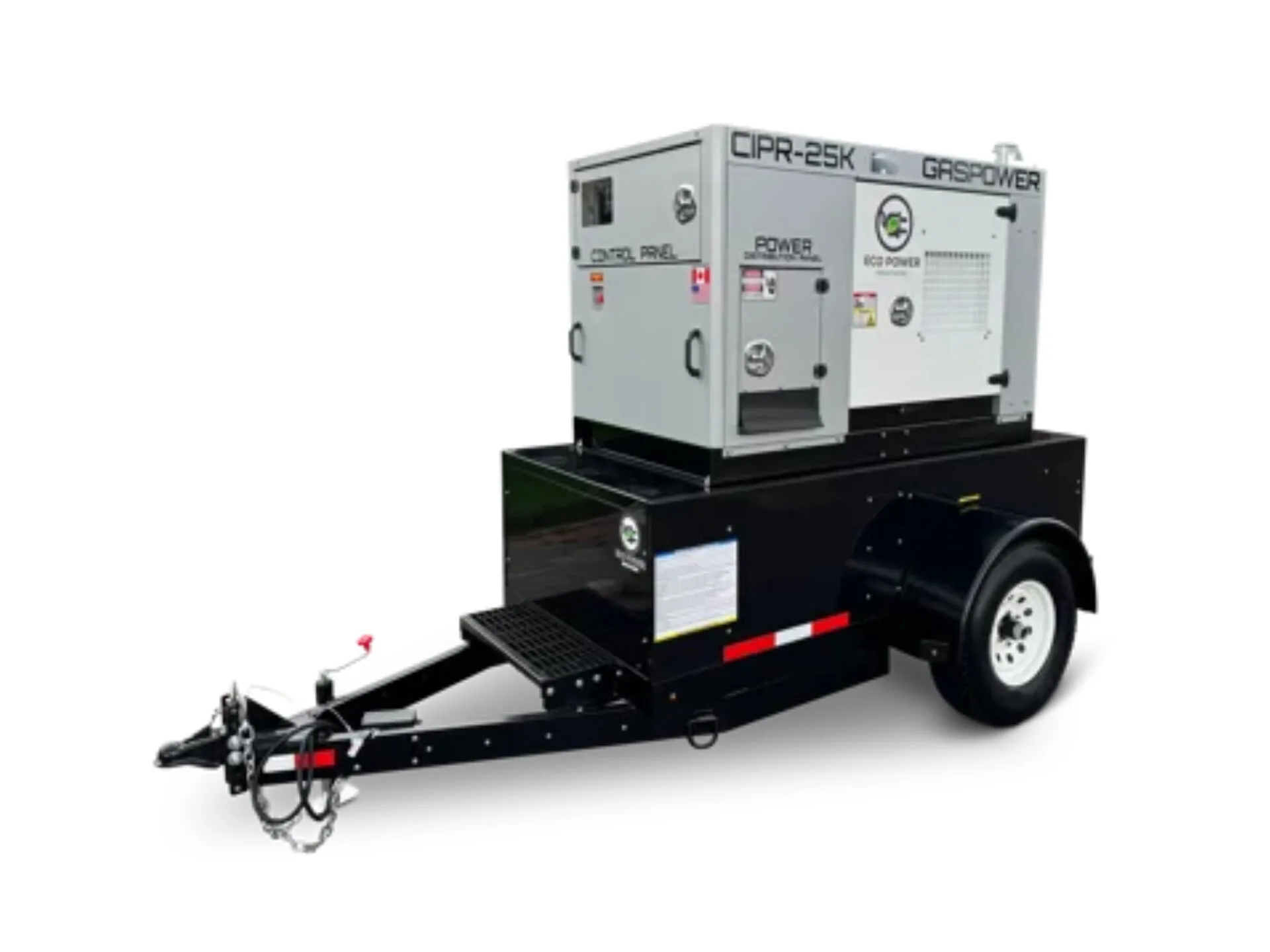Portable industrial generator mounted on a single-axle trailer with towing hitch and safety chains.