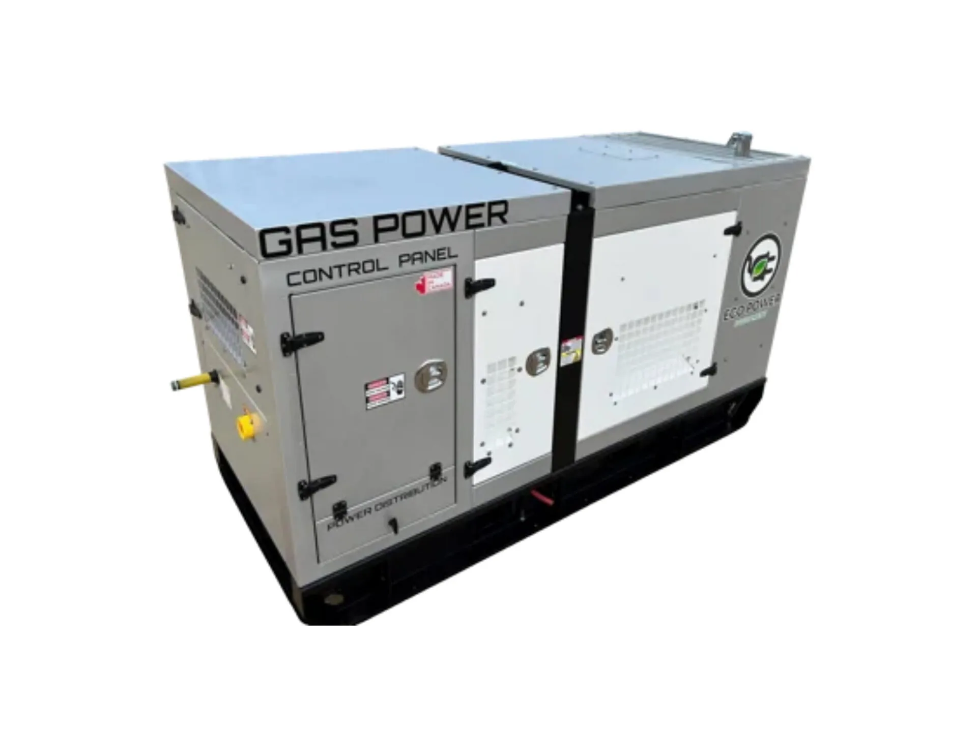 Industrial gas-powered generator unit with control panel and ventilation grilles on a black base.
