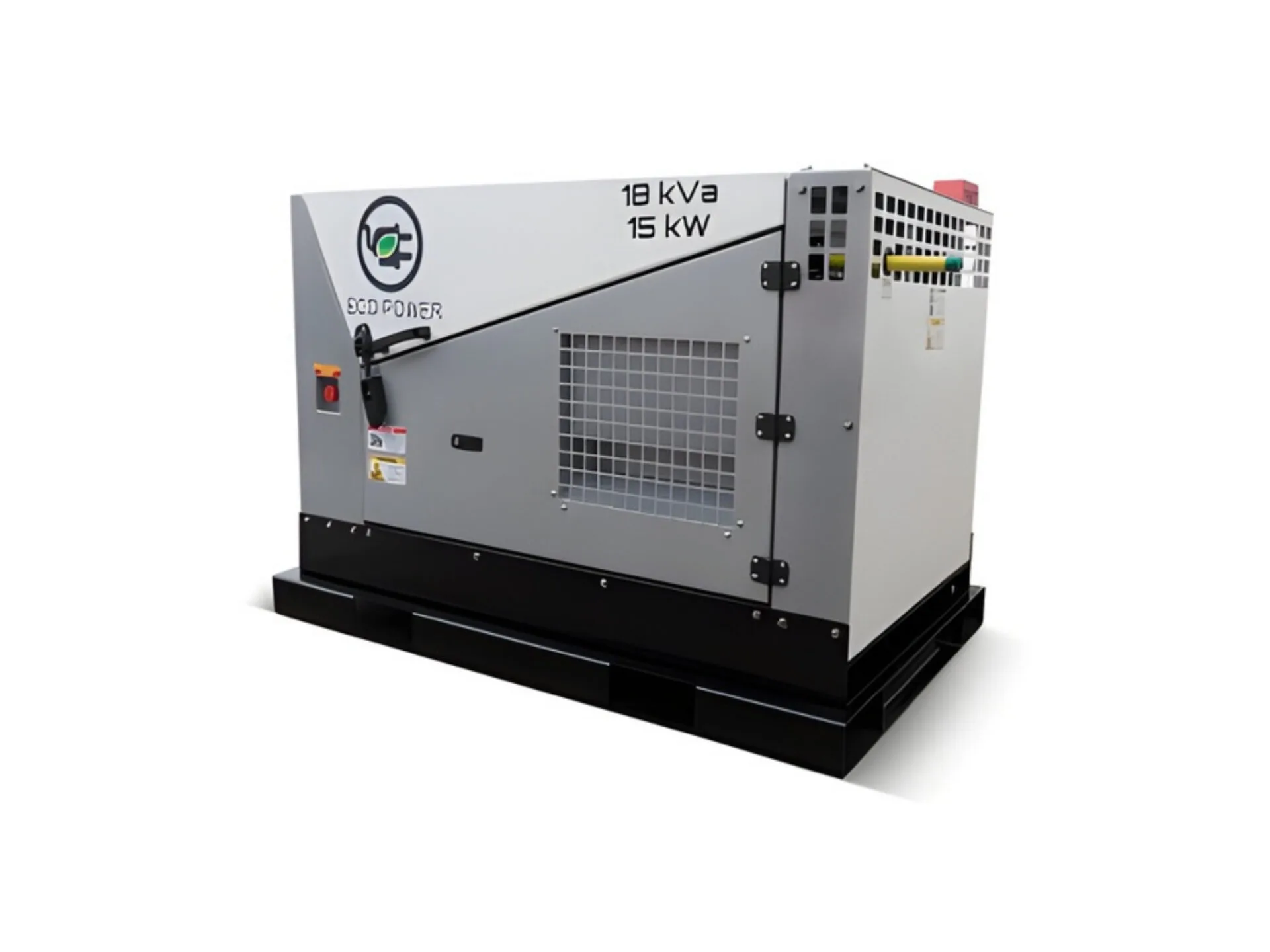 Industrial 15 kVA diesel generator with a gray exterior and ventilation panels, designed for backup power supply.