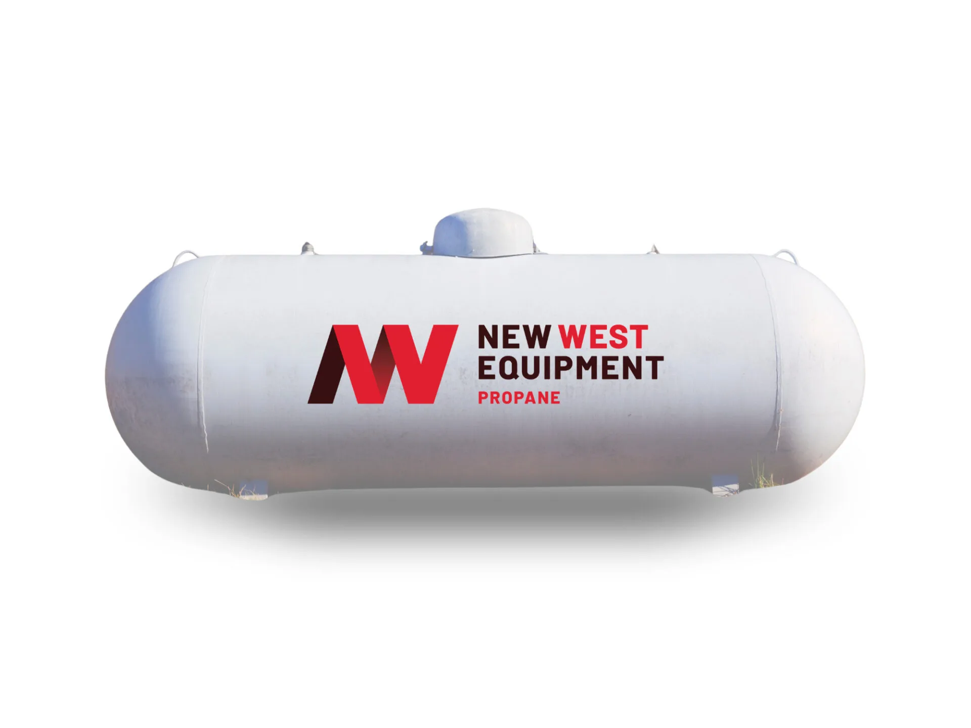 White propane tank with the New West Equipment logo and branding on a plain white background.
