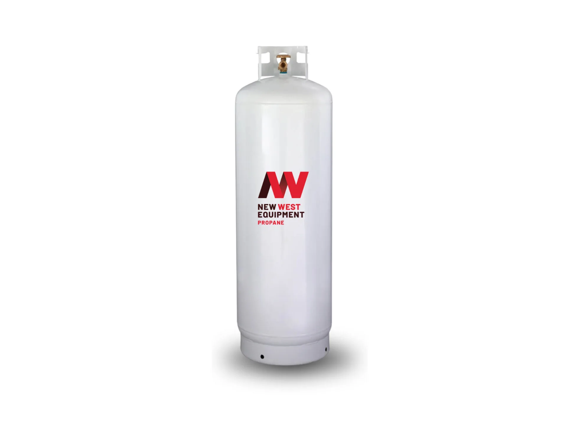 White propane gas cylinder with red "New West Contracting" logo on a white background.