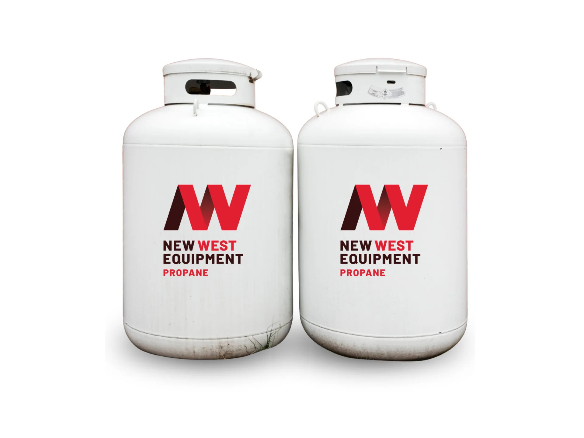 Two white propane tanks labeled with the red "NW" logo and "New West Equipment Propane" text.