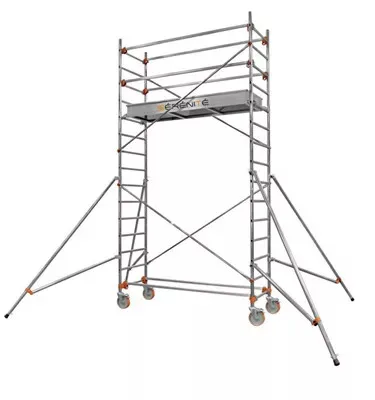 Mobile aluminum scaffolding tower with wheels and stabilizing outriggers for construction or maintenance work.