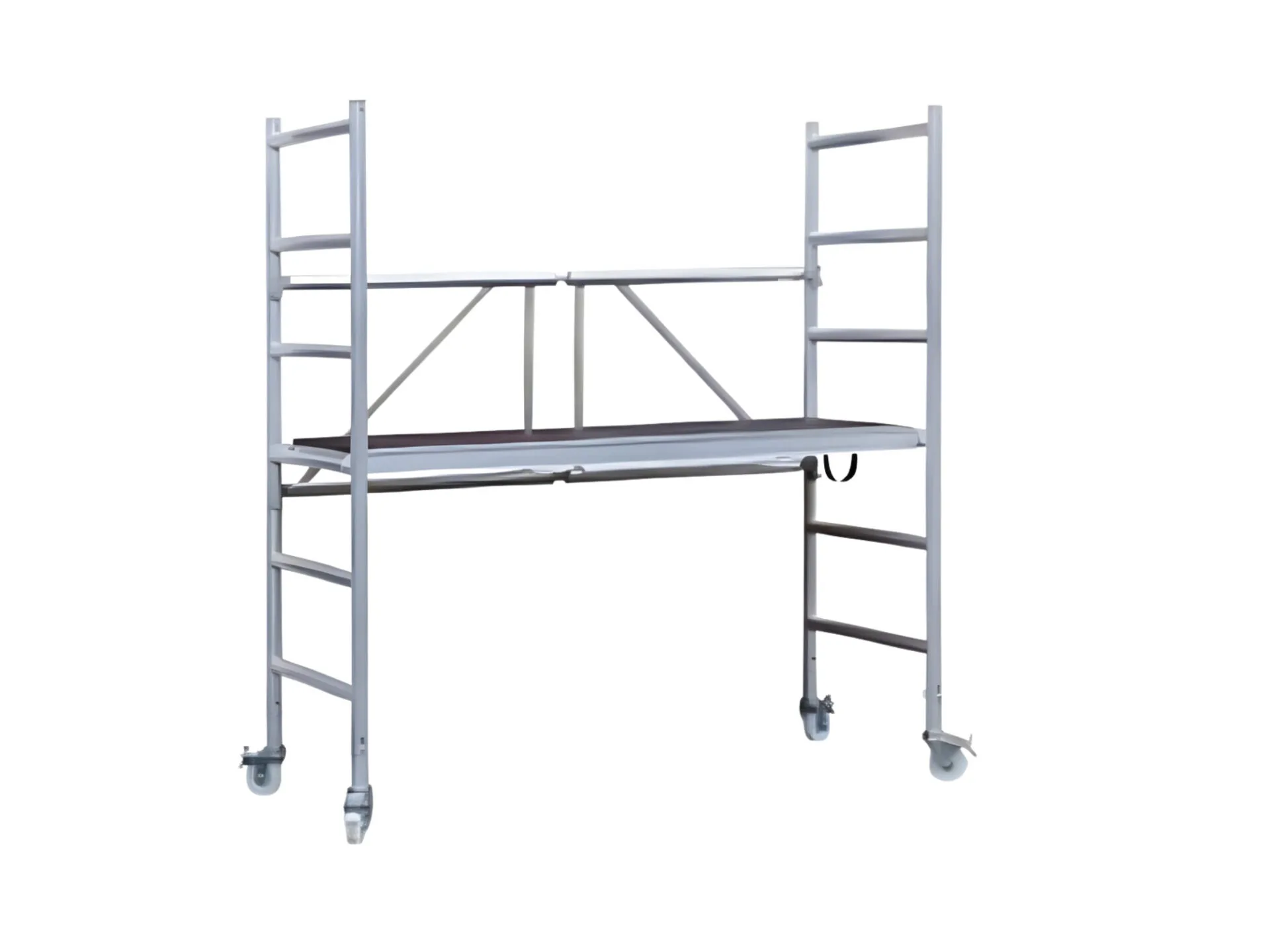 Mobile aluminum scaffold tower with platform and four caster wheels for easy movement.