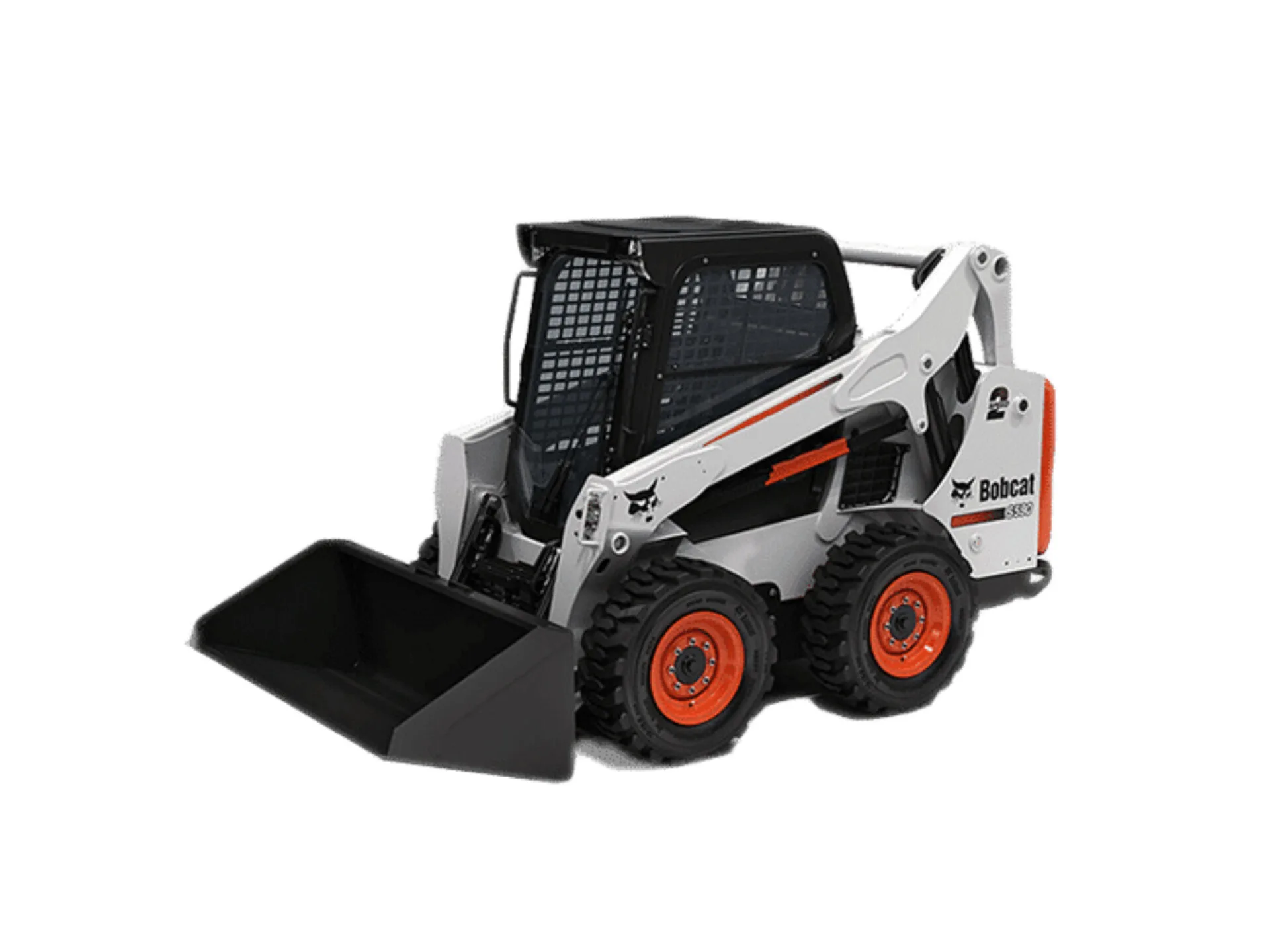 Compact Bobcat skid-steer loader with front bucket attachment isolated on white background.