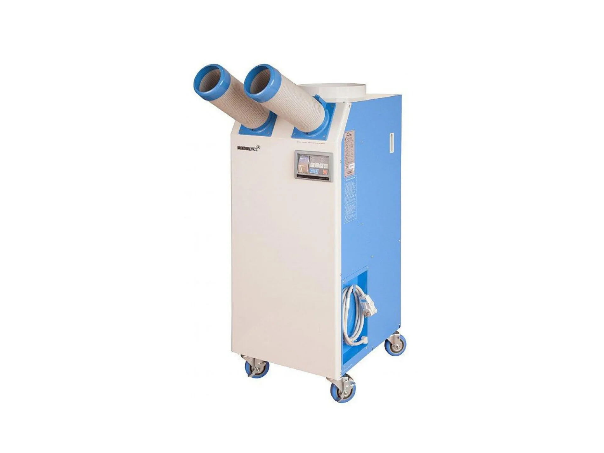 Portable industrial air conditioner unit with dual air outlets and caster wheels for mobility.