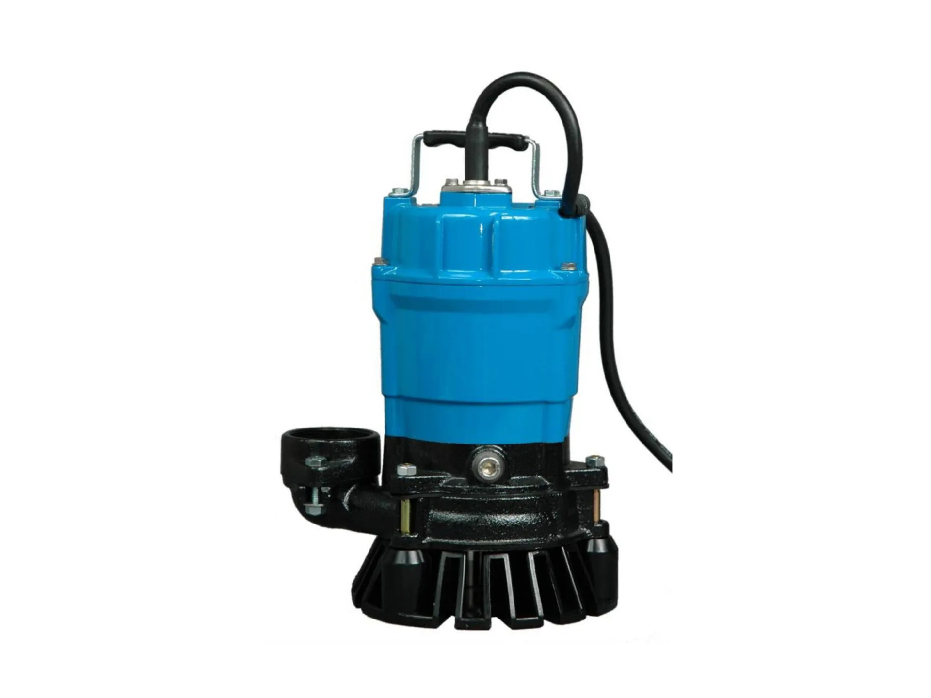 Submersible water pump with a blue motor housing and black base designed for heavy-duty liquid drainage.