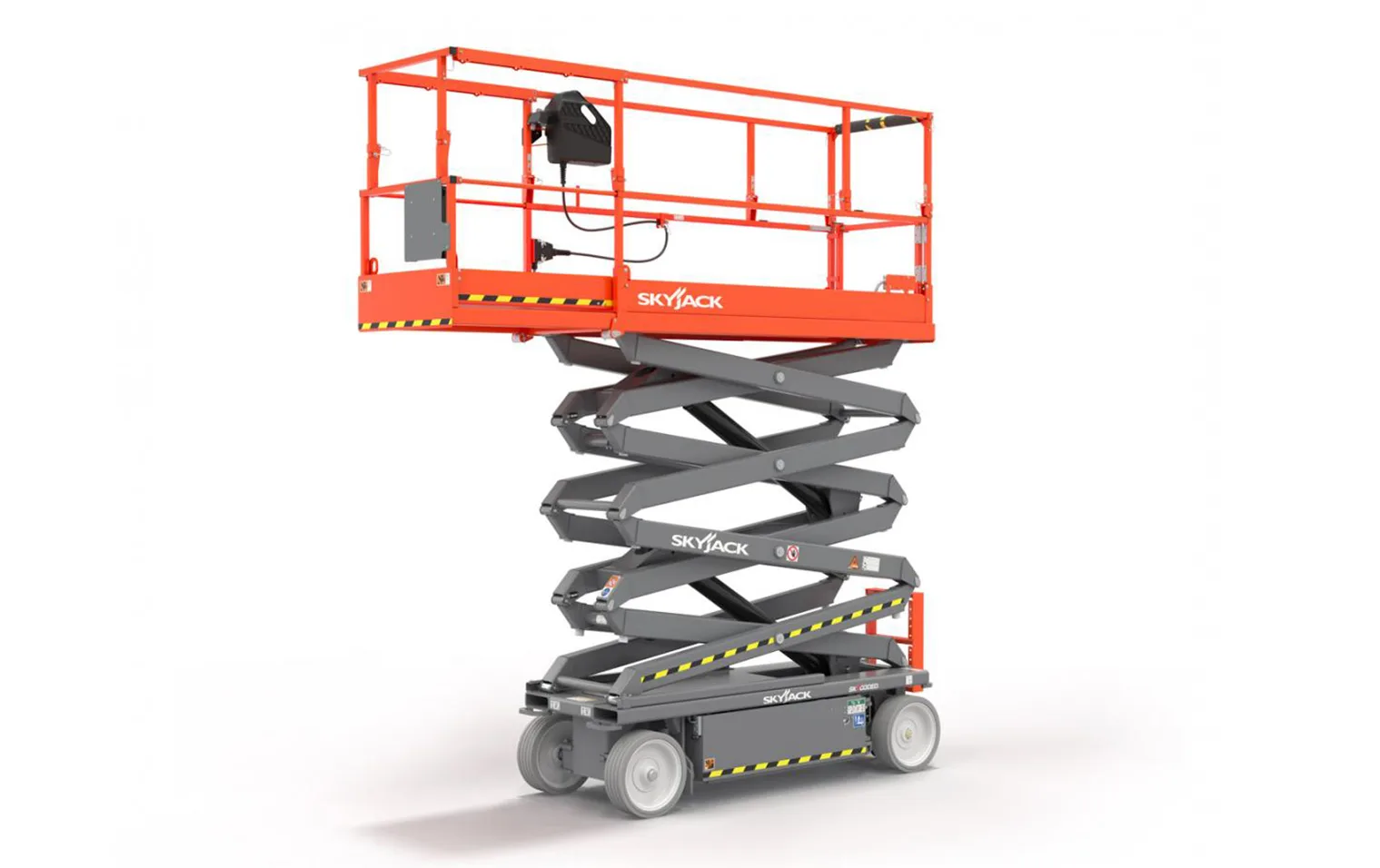 Orange scissor lift elevated on a white background, designed for indoor and outdoor construction or maintenance work.