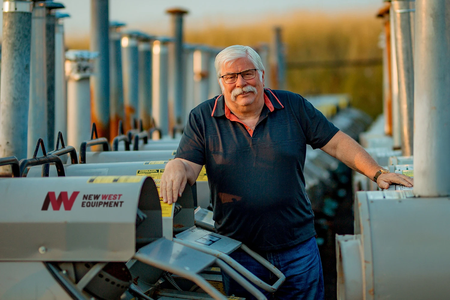 Man standing among industrial machinery outdoors, operating agricultural equipment during sunset.