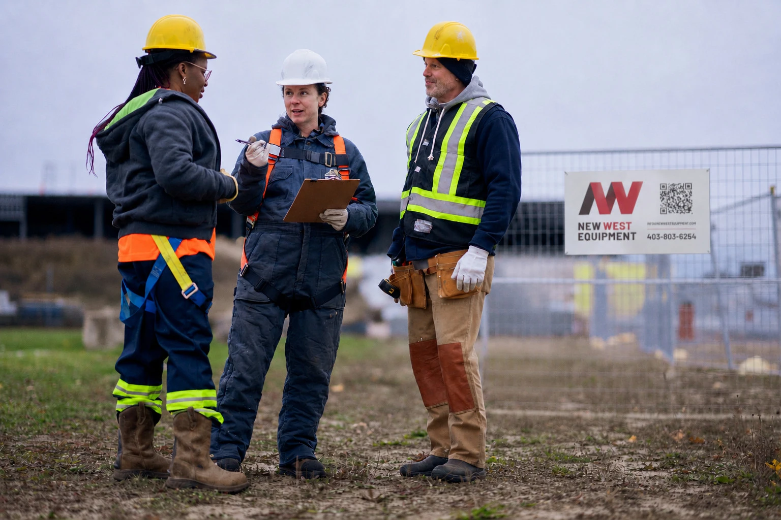 Three construction workers in safety gear and helmets discussing plans at an outdoor worksite.
