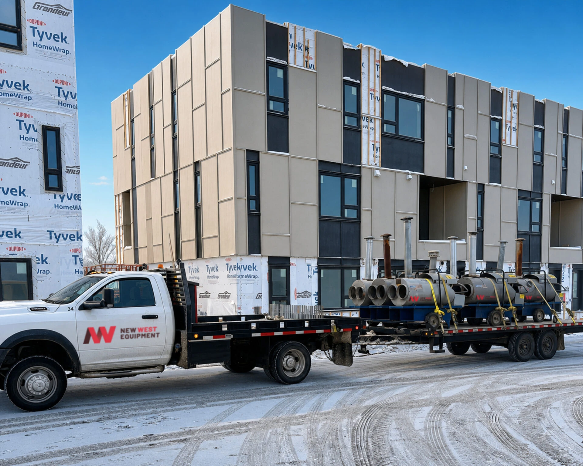 Flatbed truck carrying large HVAC equipment parked in front of a modern multi-story building under construction.