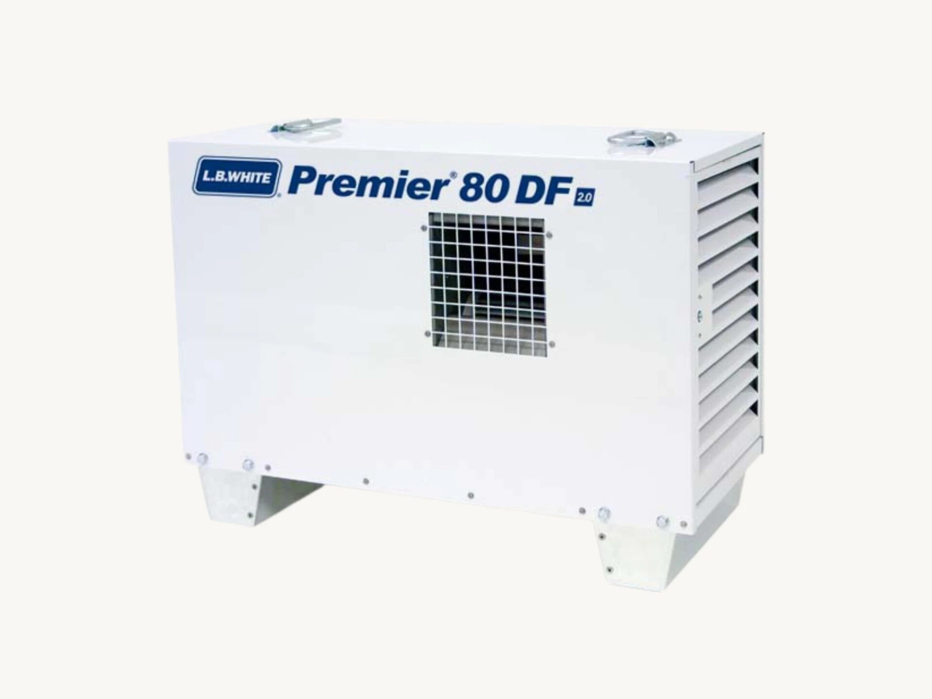 White Lennox Premier 80 DF commercial dehumidifier unit with ventilation grilles on the side and front.