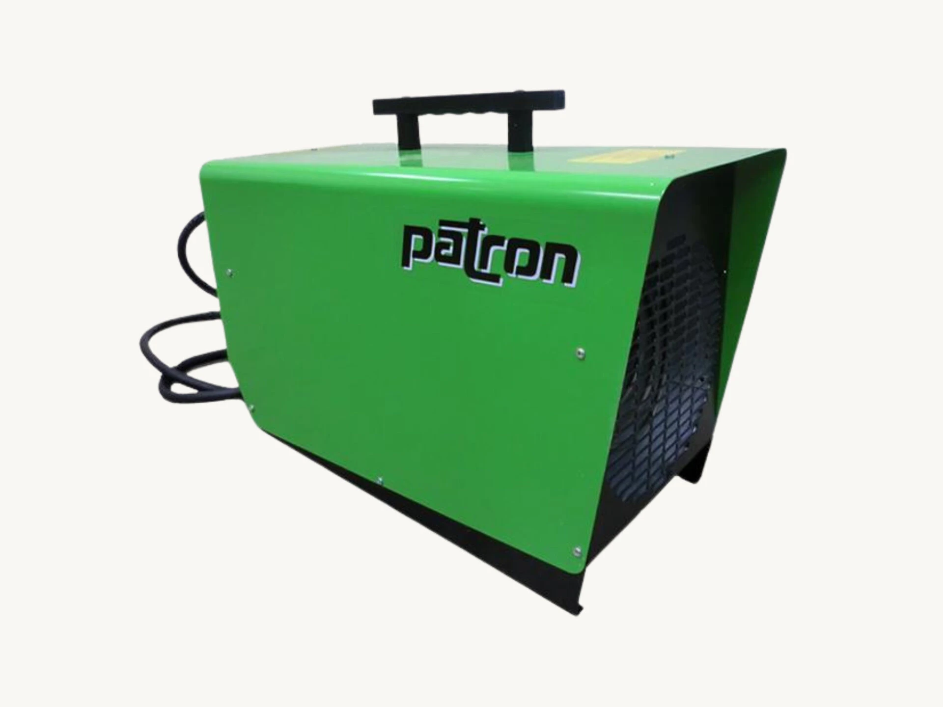 Green industrial air blower with black handle and ventilation grille on the side, branded "Patron."