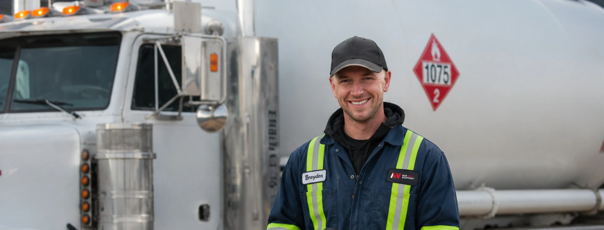 Smiling worker in safety gear standing beside a large white fuel tanker truck labeled with a red "Vapor" warning sign.