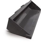 Black heavy-duty metal loader bucket attachment designed for construction and excavation equipment.