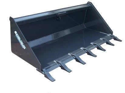 Front loader digging bucket attachment with five reinforced teeth for heavy-duty excavation and material handling.