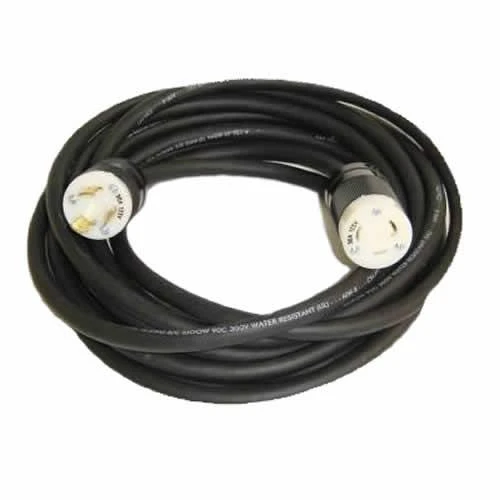 Heavy-duty black extension cord with three-prong plugs coiled neatly on a white background.