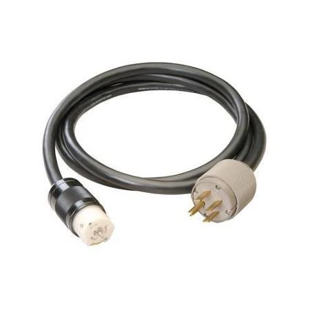 Heavy-duty electrical power cable with a three-prong male plug and a matching female connector, coiled for storage.